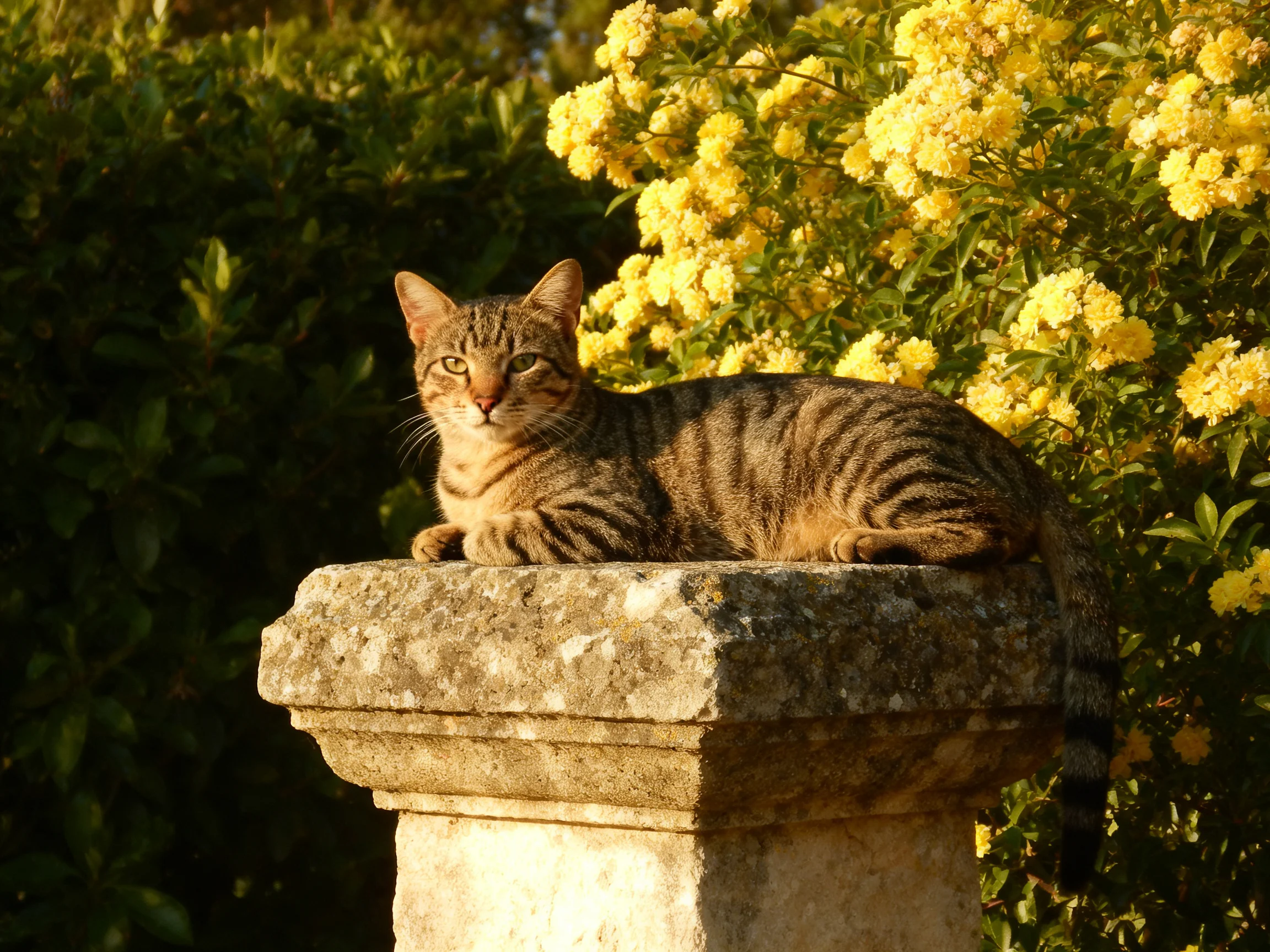 A striped tabby cat rests on an aged stone pedestal amid vibrant yellow blooms