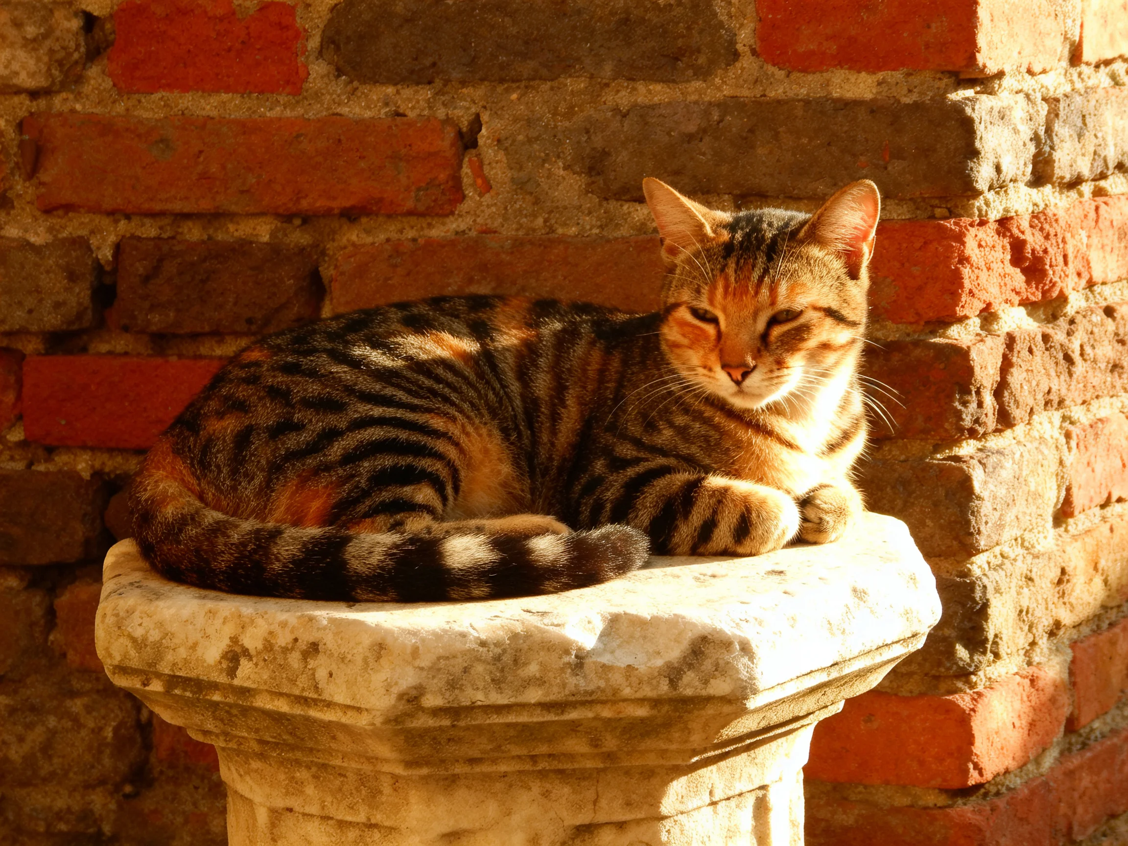 A striped tabby cat relaxes on a stone pedestal beside a weathered brick wall.