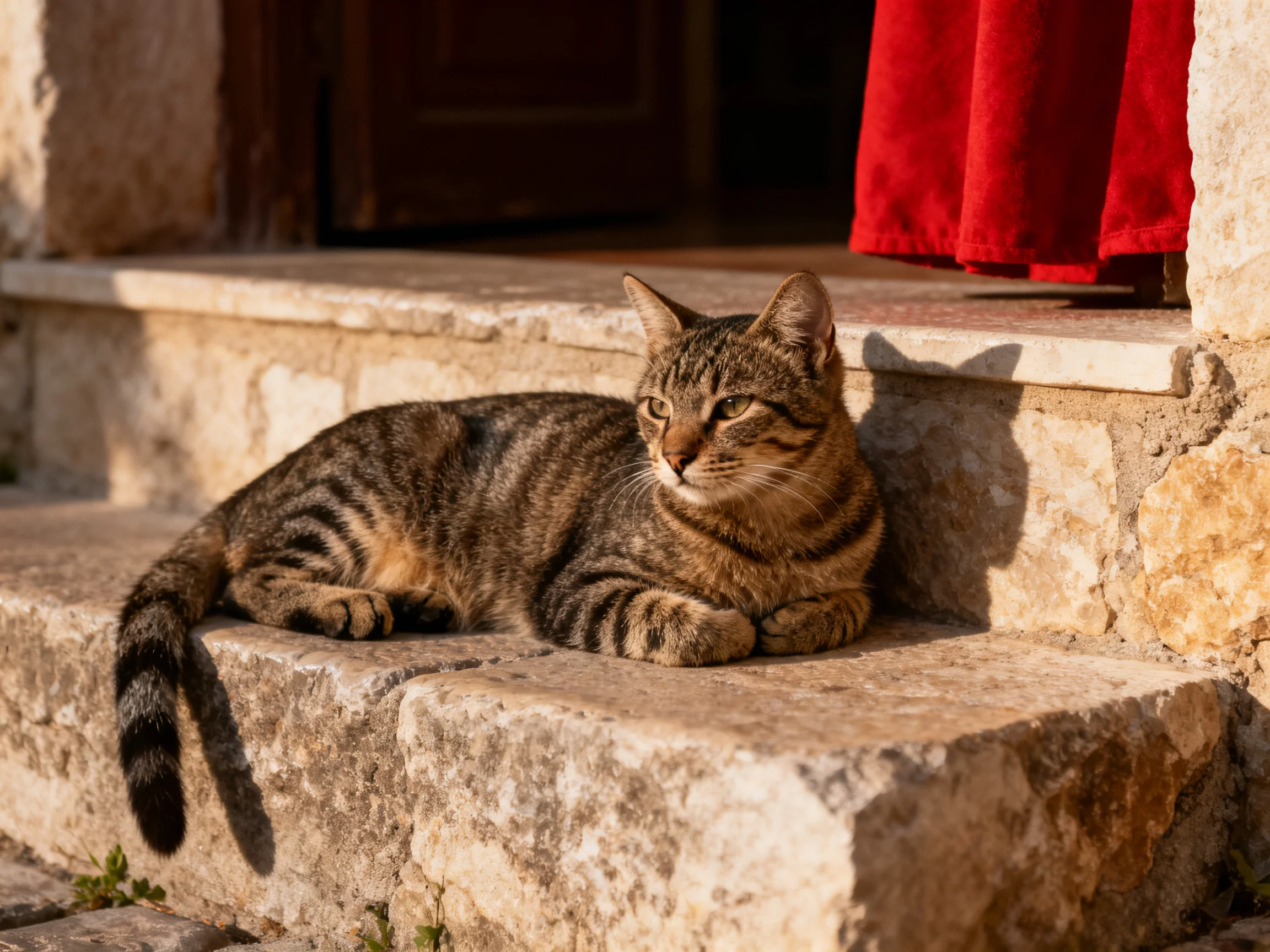 A striped tabby cat rests on weathered stone steps beside a vibrant red curtain