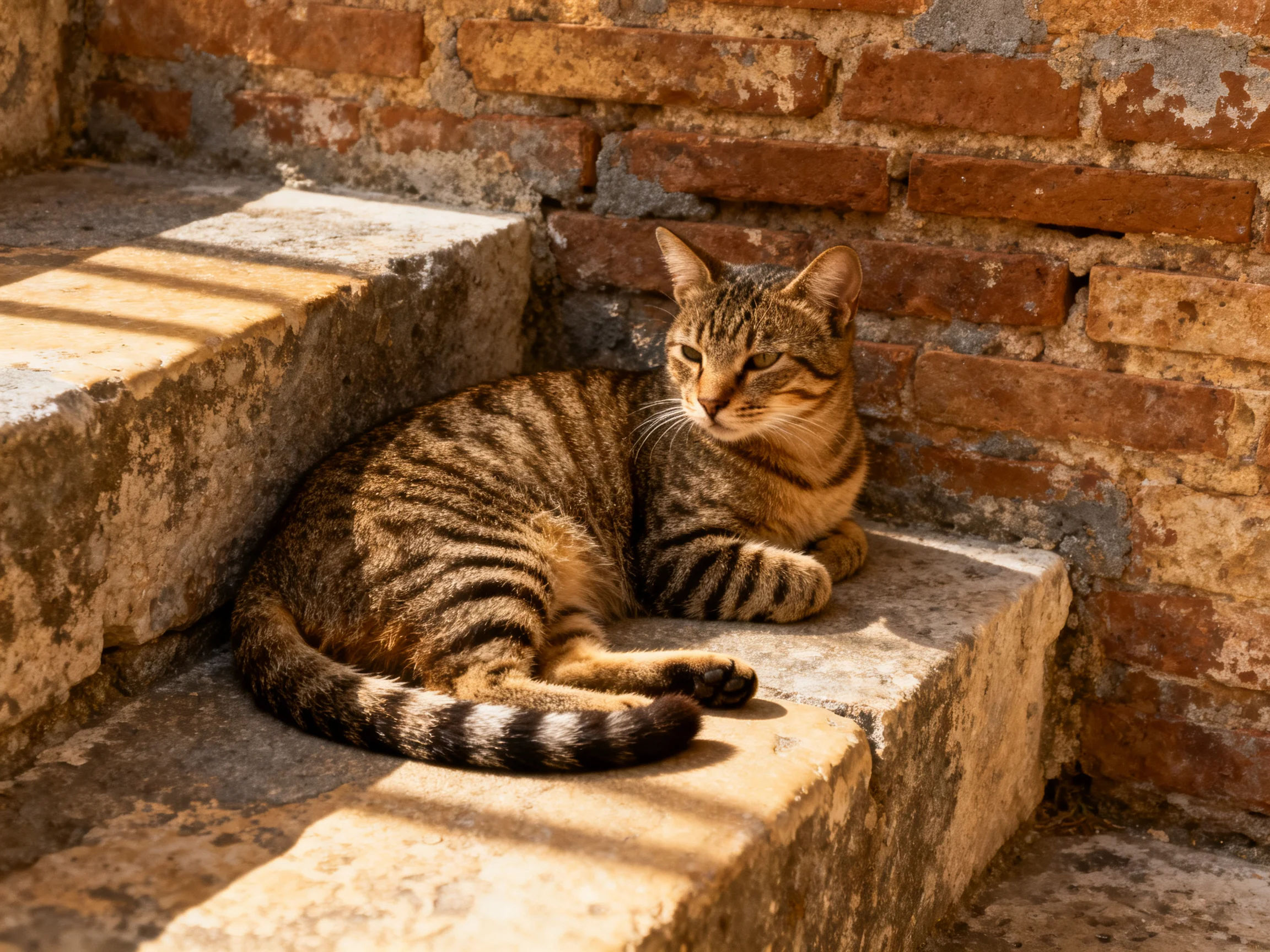 A striped tabby cat rests on weathered stone steps next to an aged brick wall