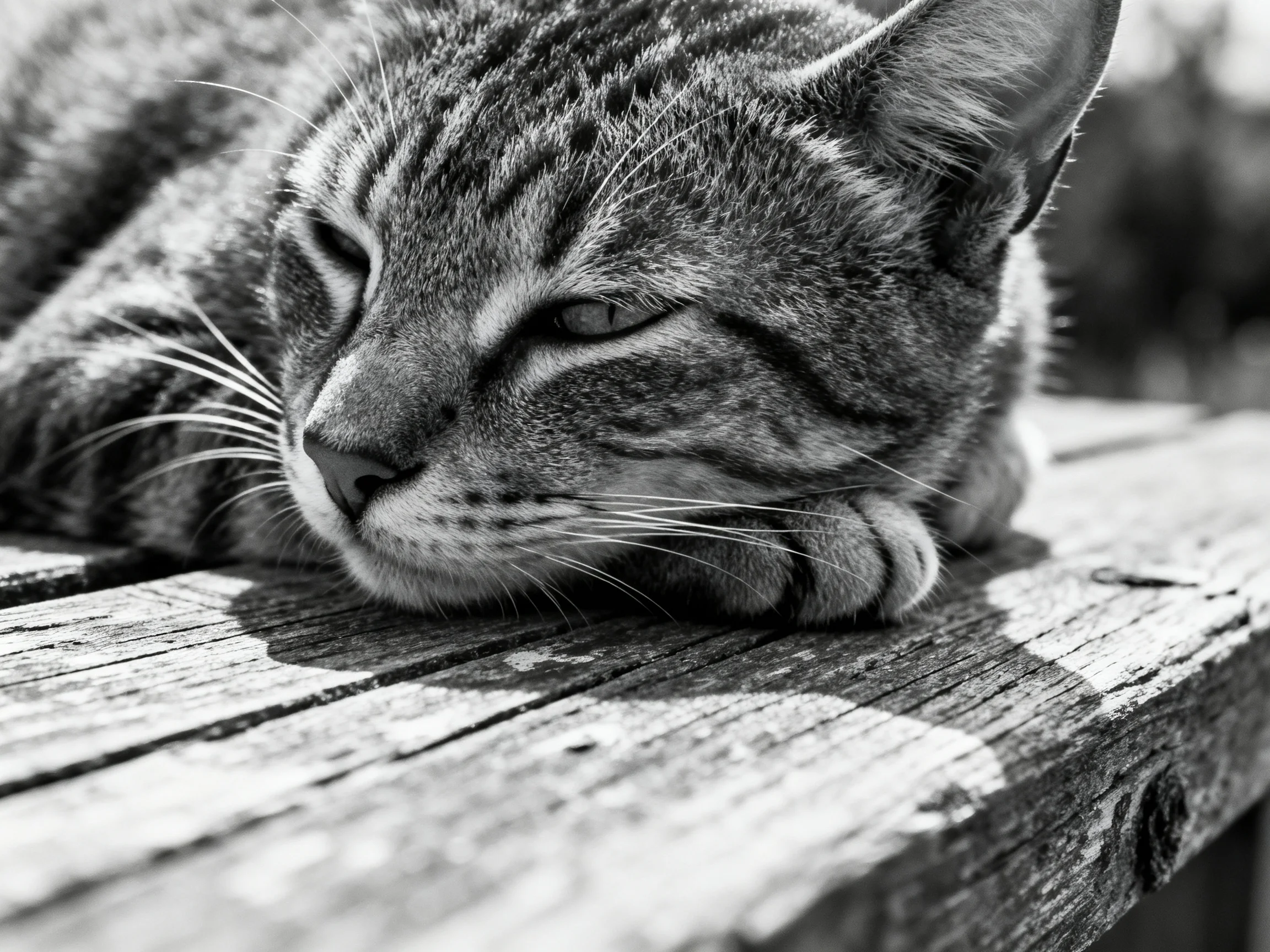 A striped tabby cat rests on weathered wooden planks in monochrome