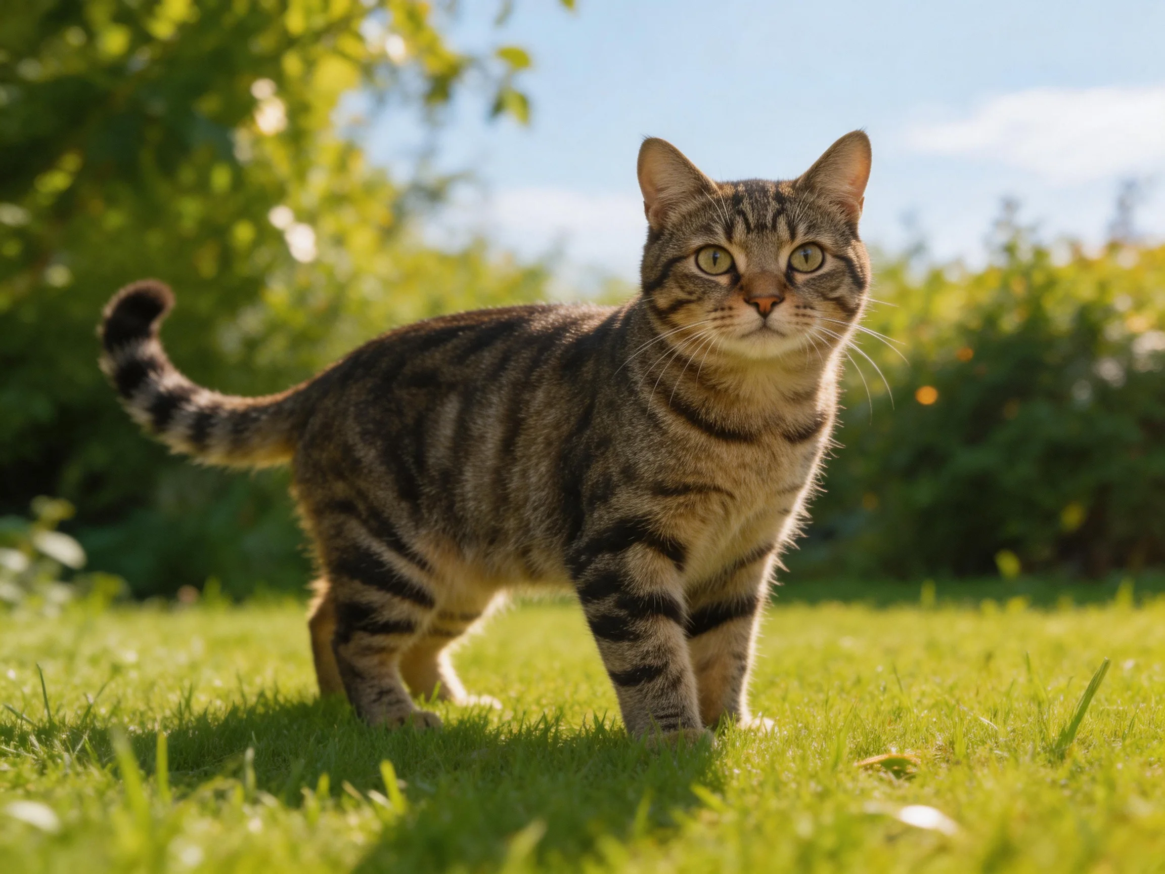 A tabby cat moves through a sunlit garden with green grass.