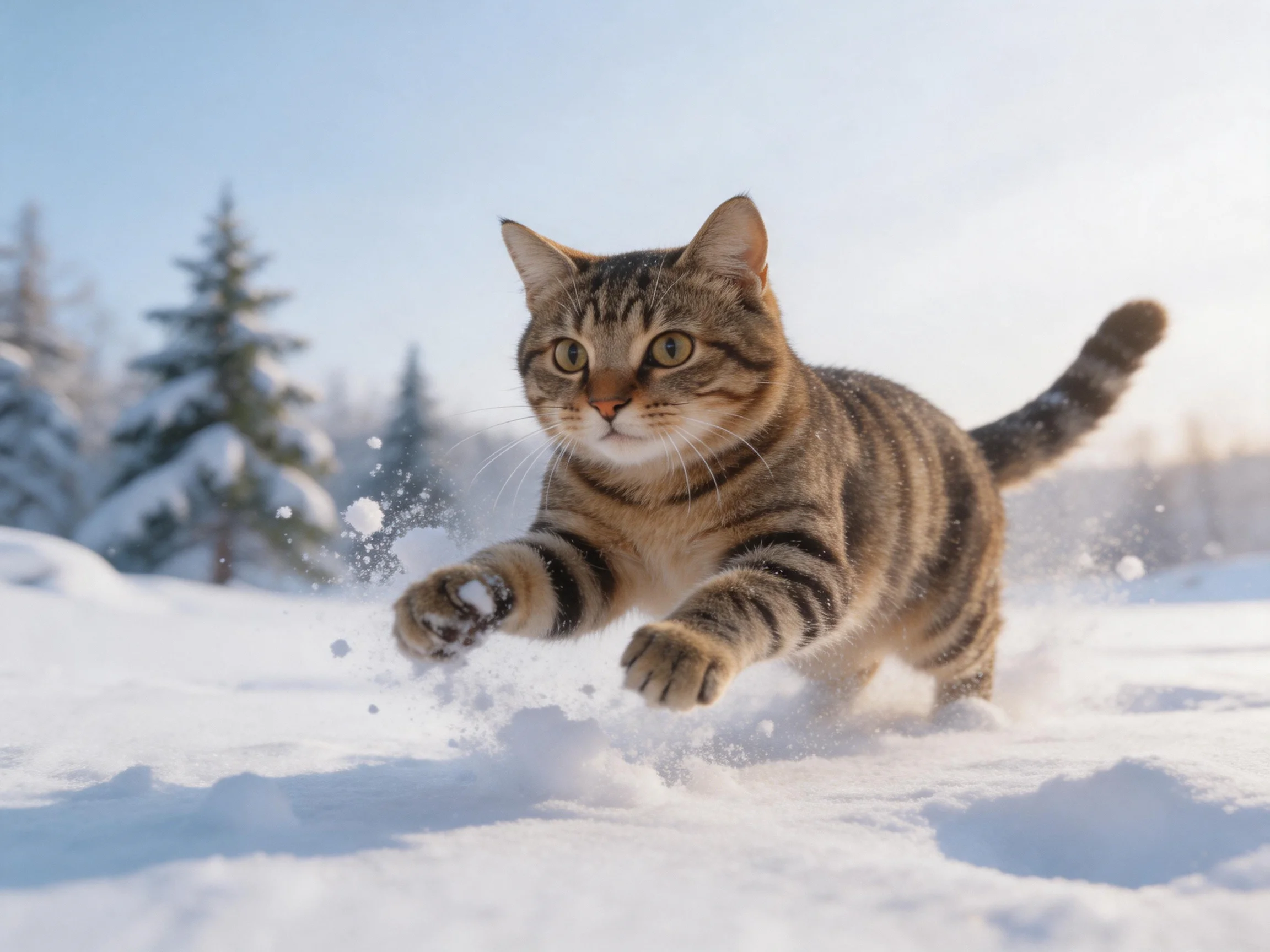 A striped tabby cat running through bright white snow near snow - covered pines