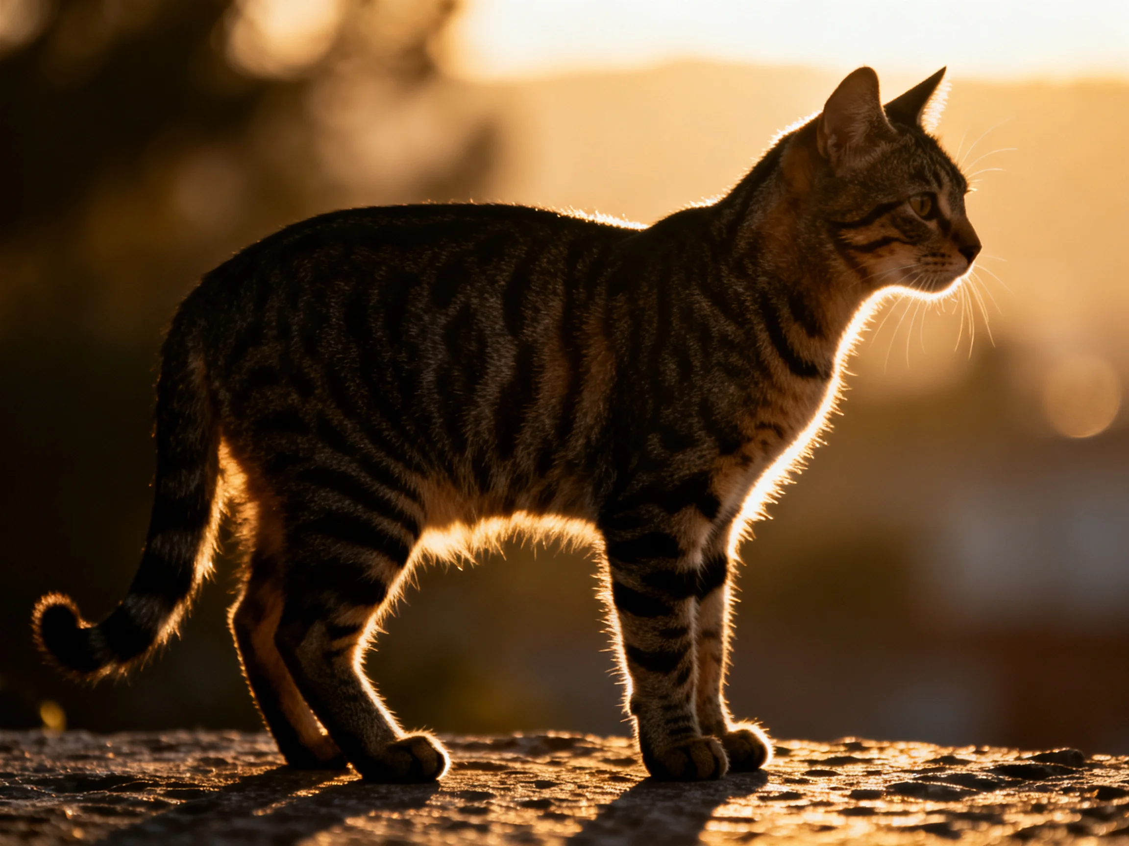 A tabby cat is silhouetted by golden evening light in an outdoor setting.