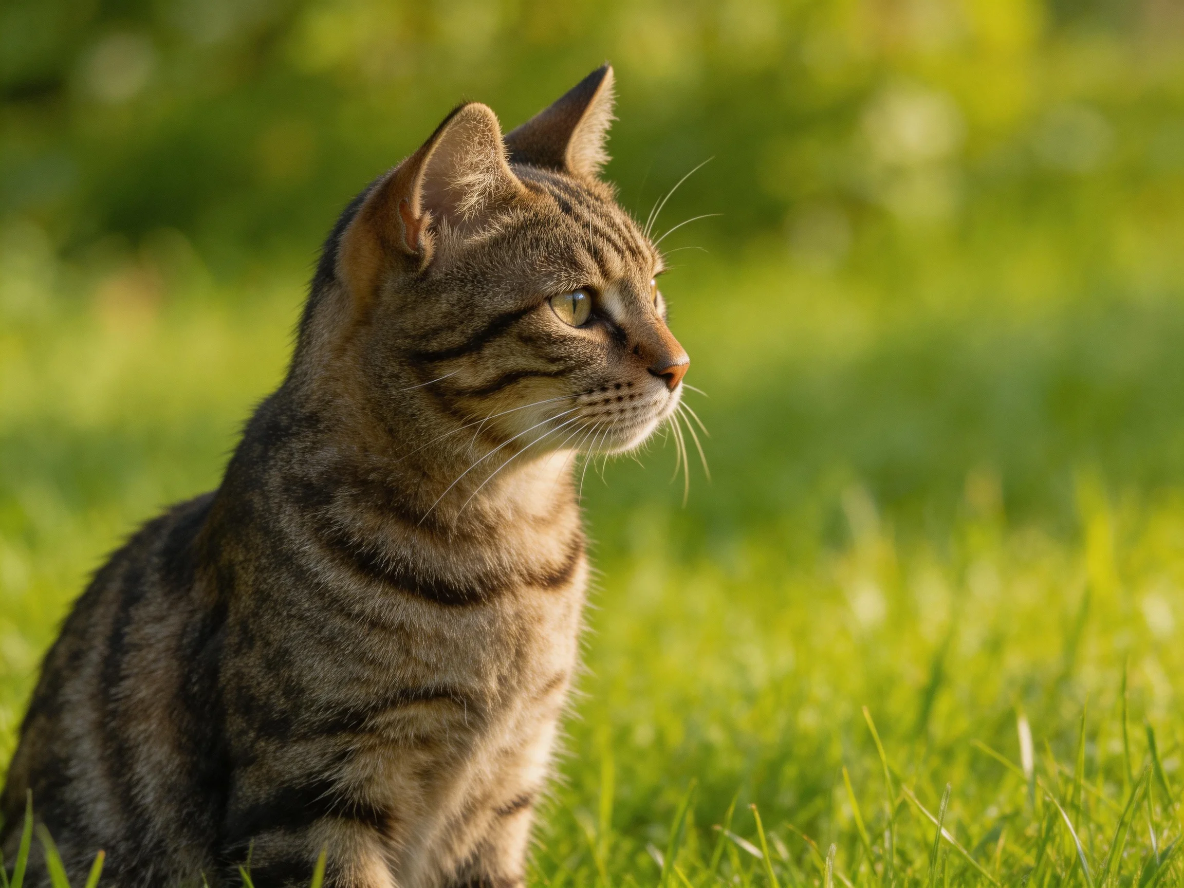 A striped tabby cat sits alertly among lush green grass