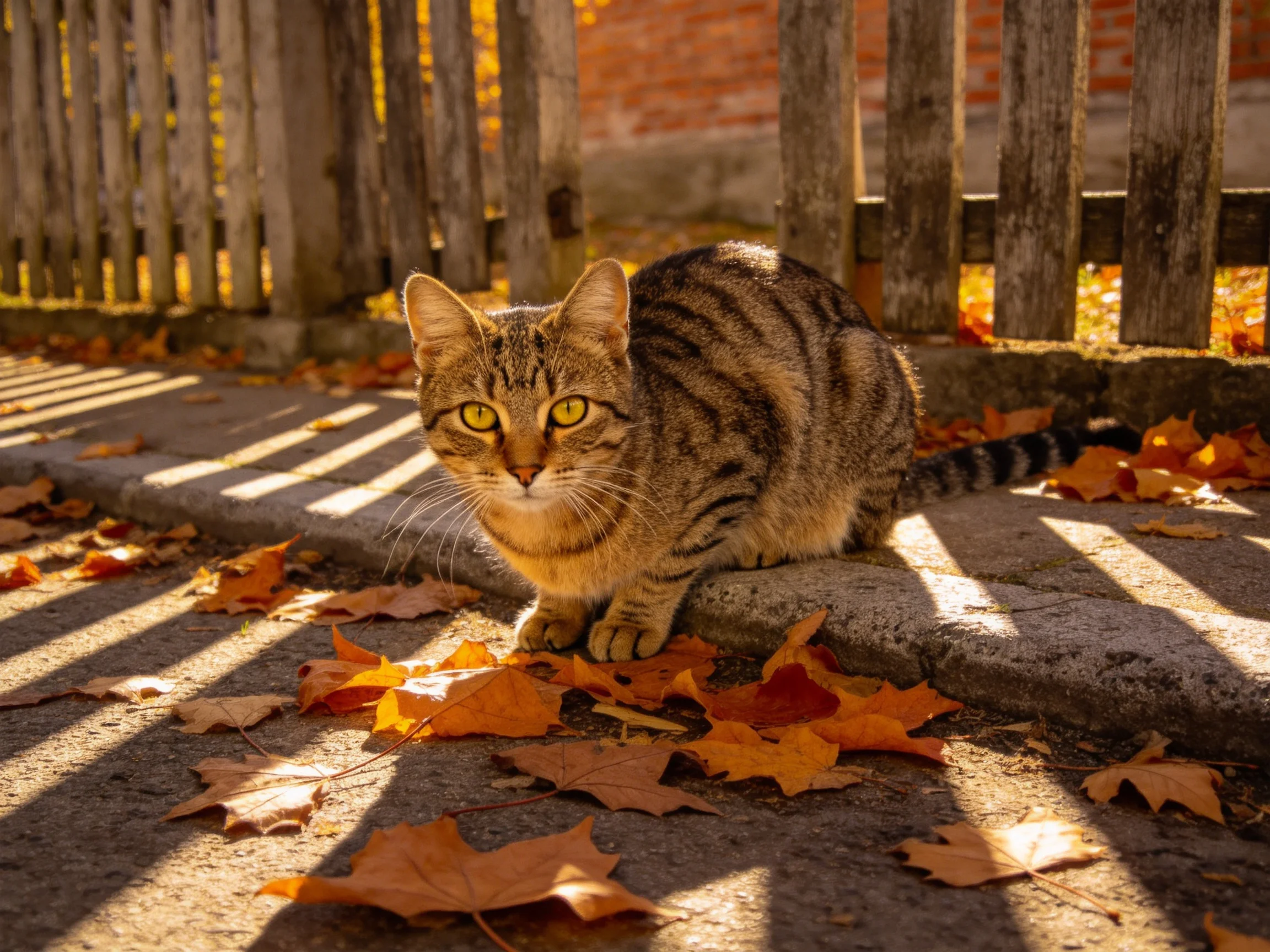 Tabby cat rests among autumn leaves beside a wooden fence in sunlight.