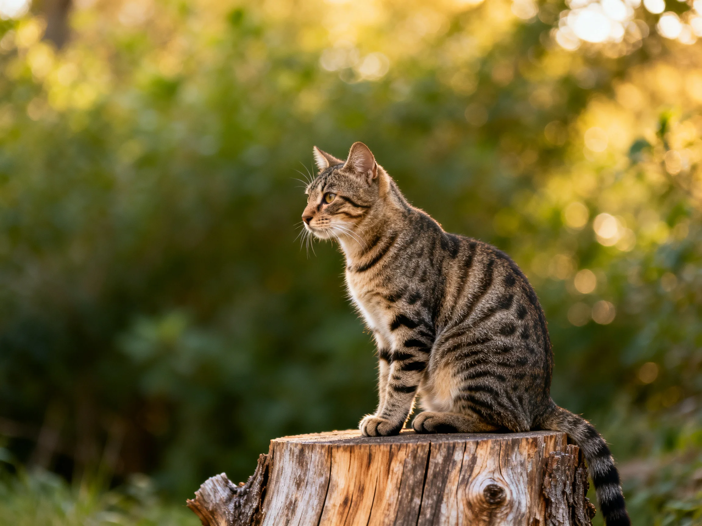 A tabby cat sits on a tree stump in a sunlit, green outdoor setting.