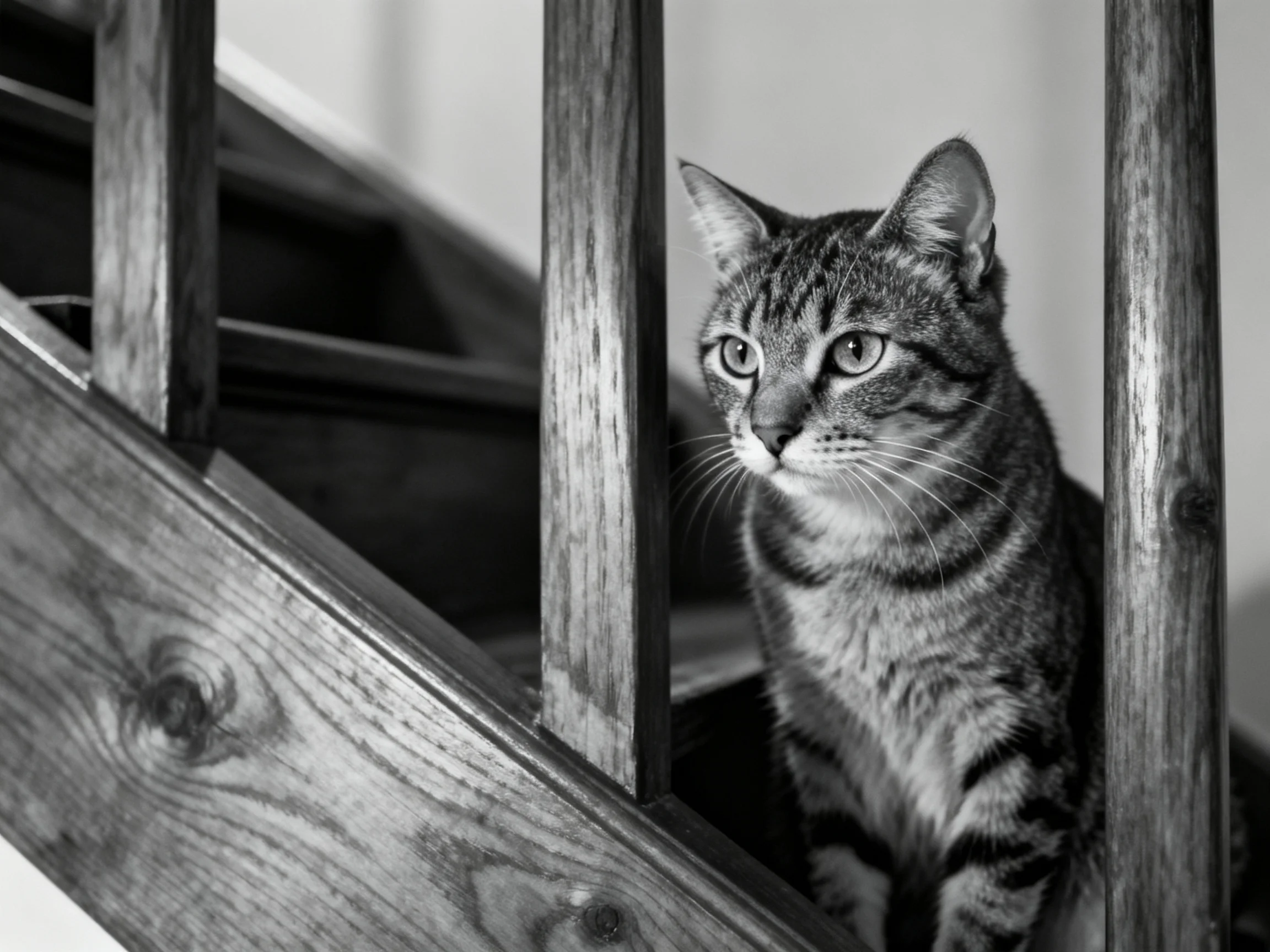 A tabby cat sits near wooden staircase railings