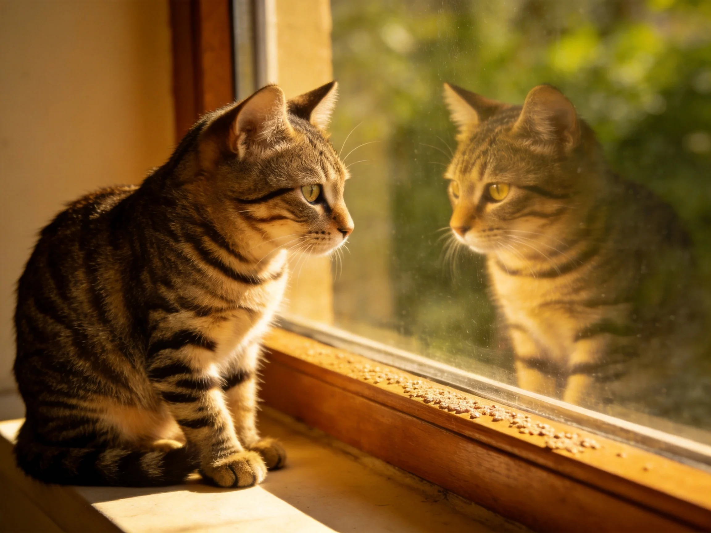 A tabby cat sits by a sunlit window, observing its reflection.