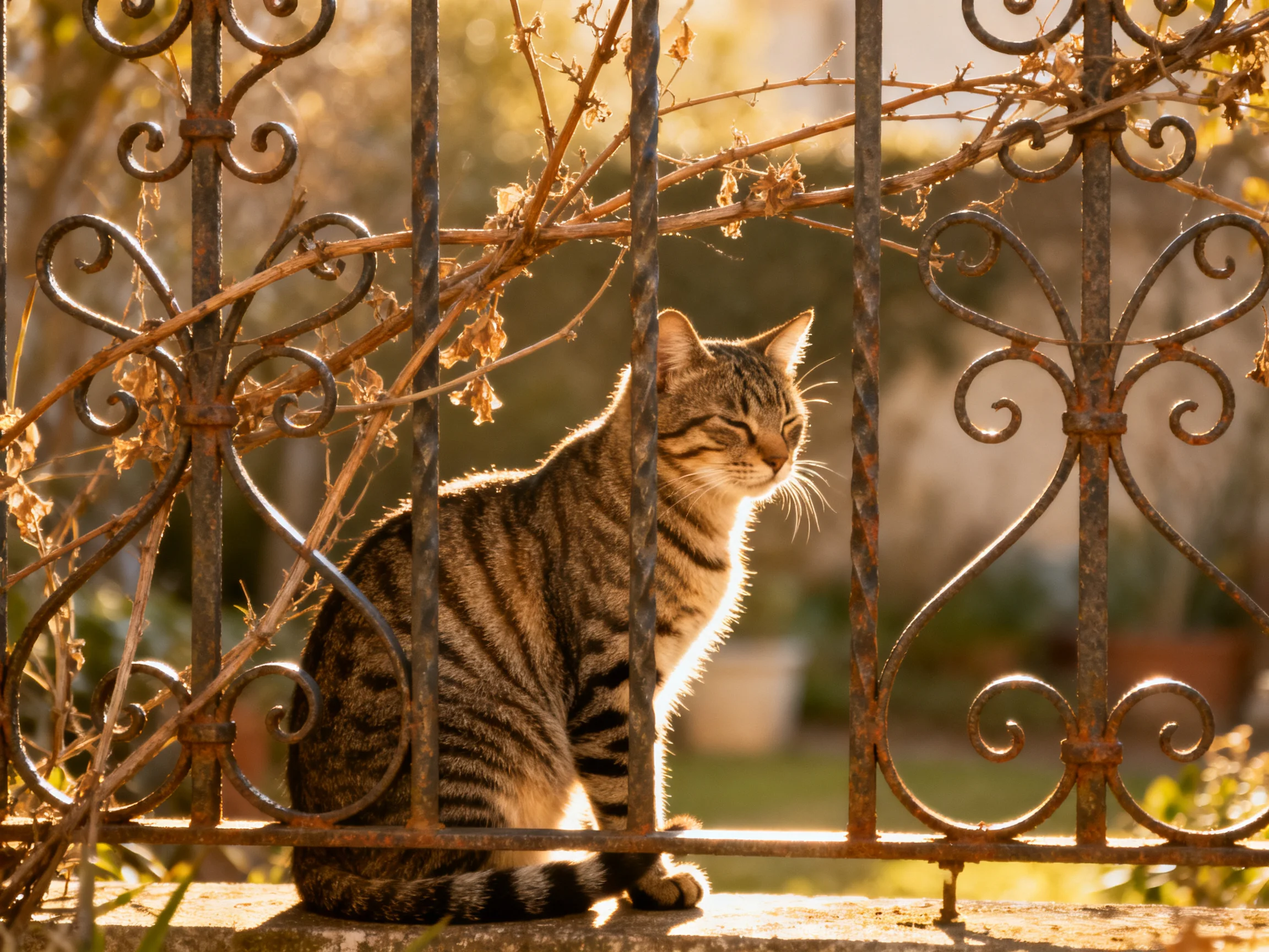 A striped tabby cat rests beside an ornate, rusted metal fence with dried vegetation.