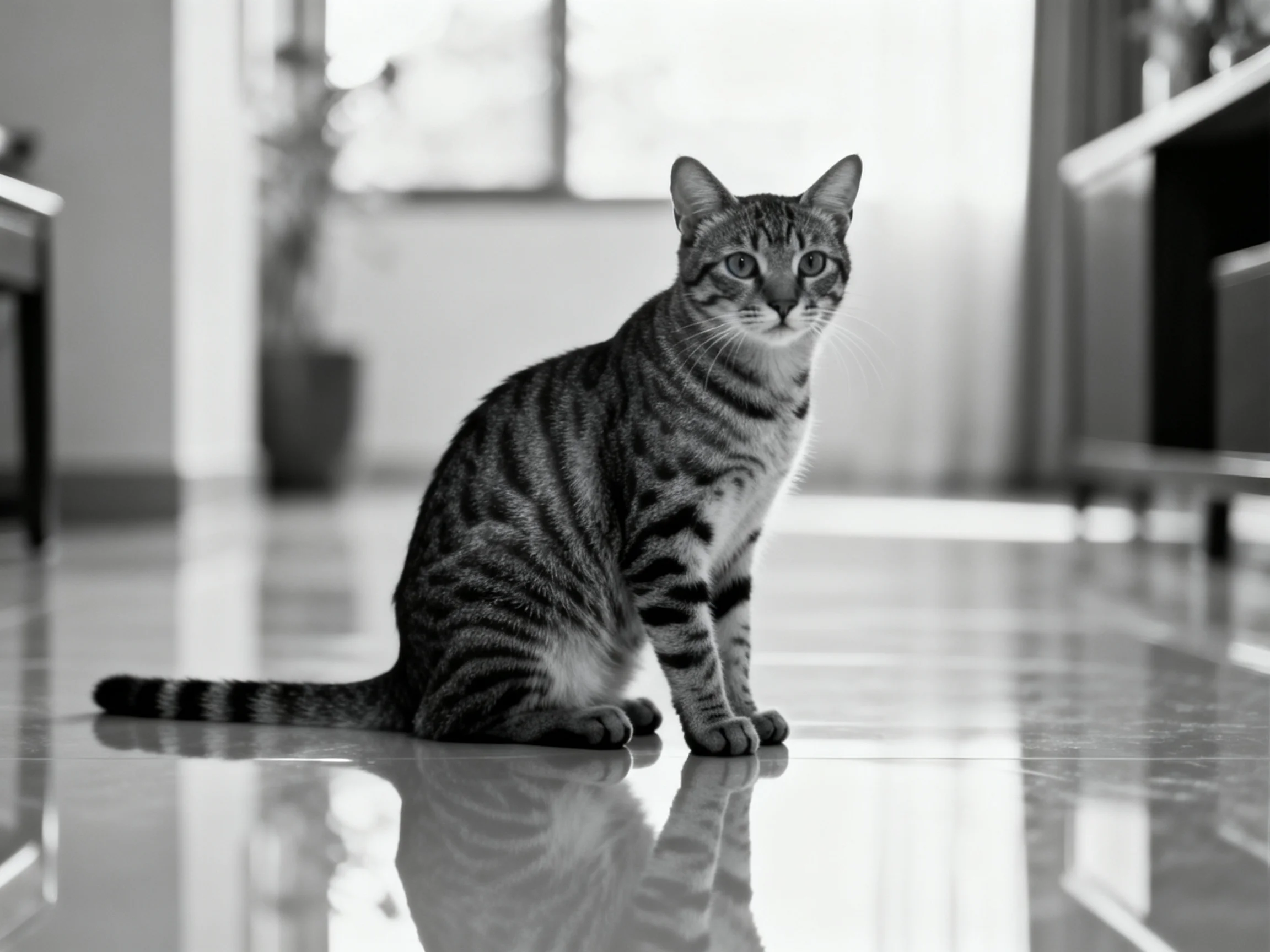 A striped tabby cat sits on a glossy floor in a bright indoor space.