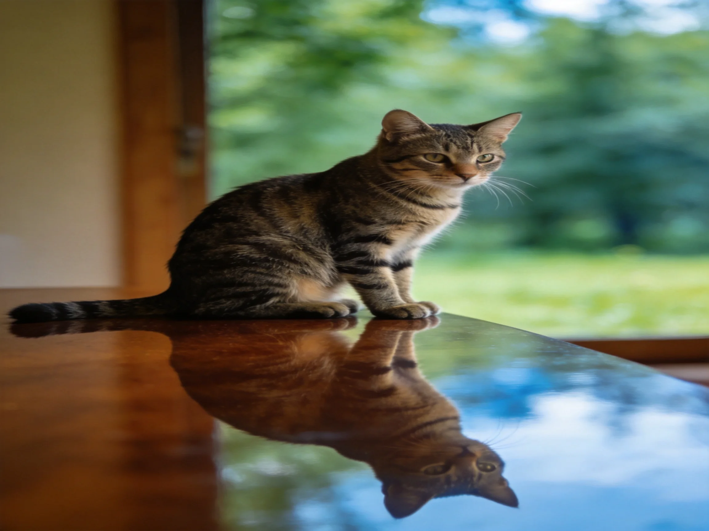 A striped tabby cat sits on a polished wooden table with a green outdoor view