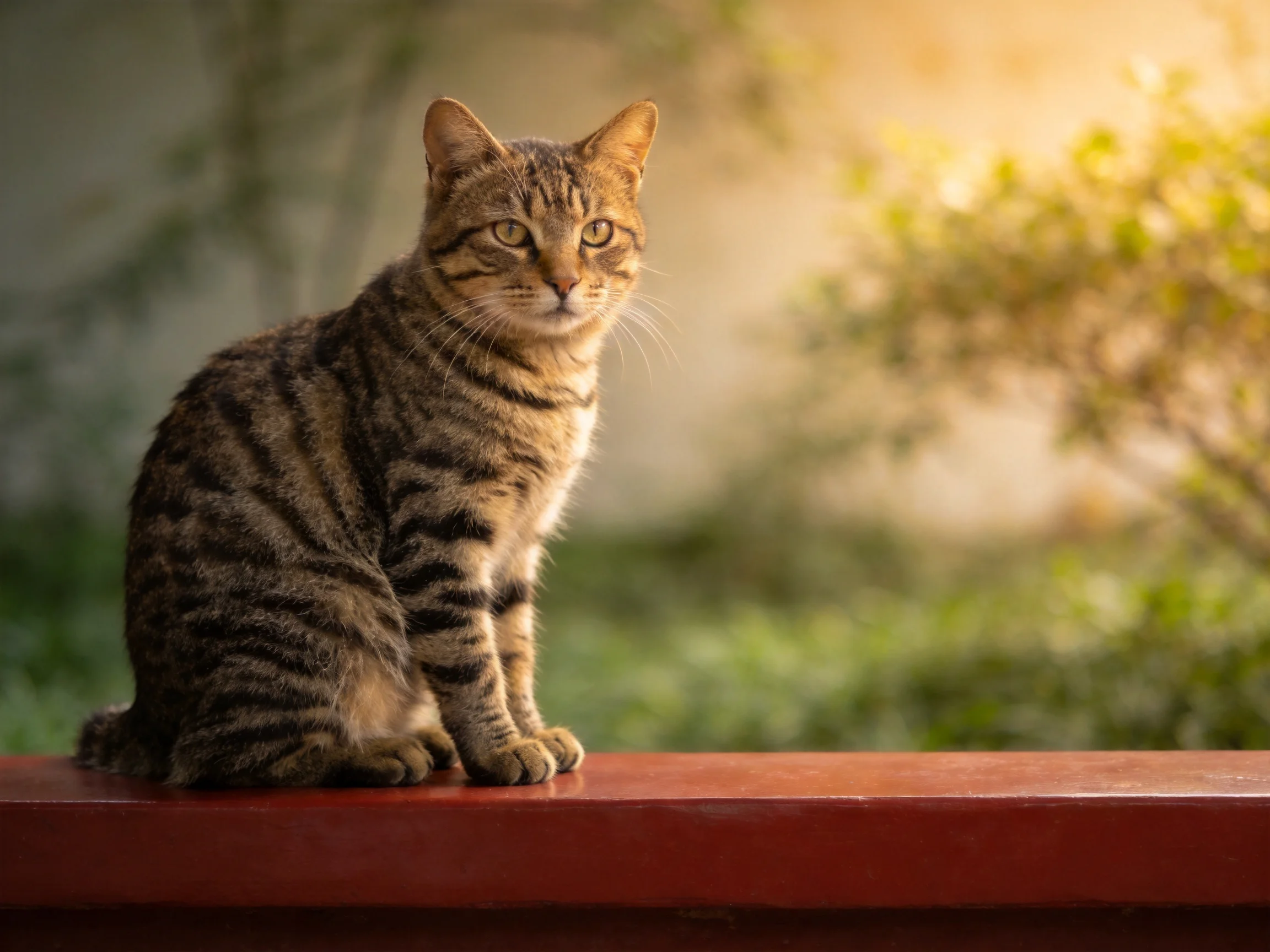 A striped tabby cat sits on a red ledge with blurred greenery