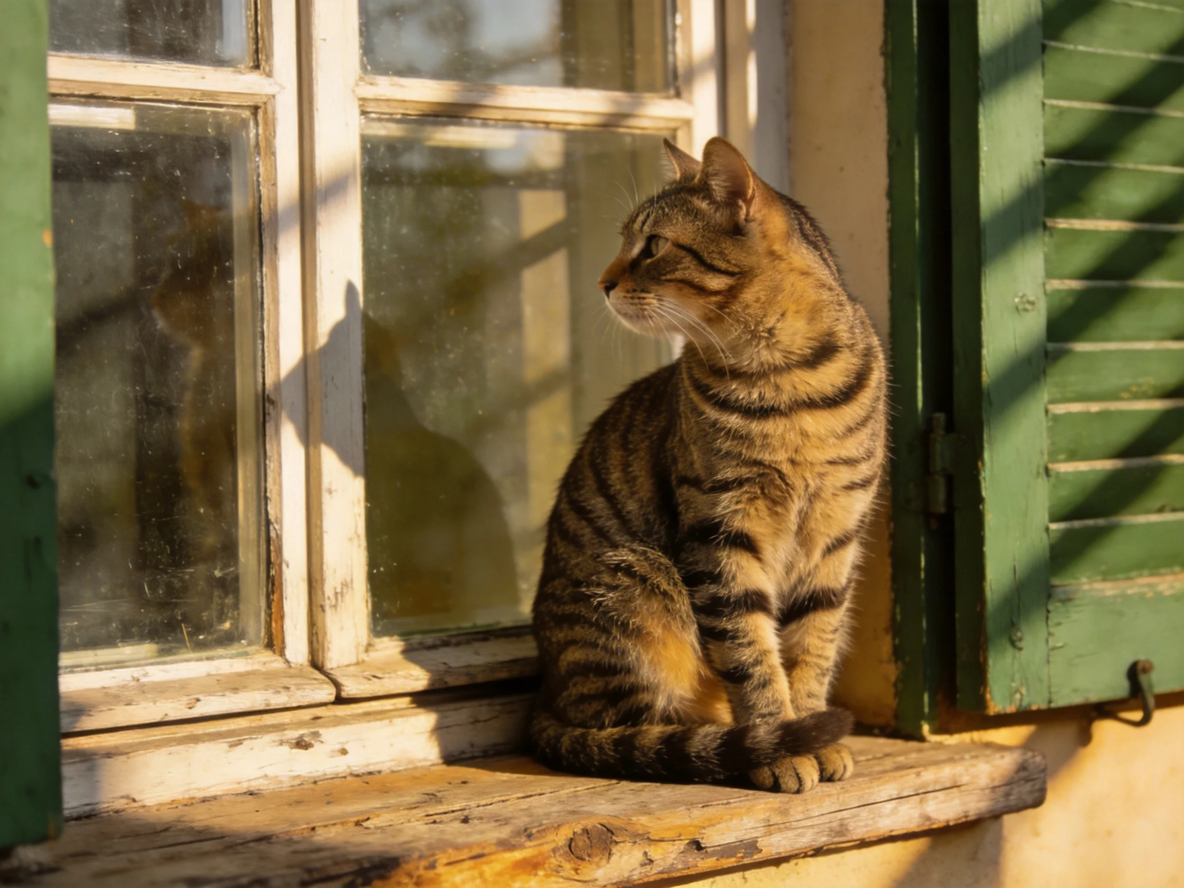 A striped tabby cat sits on a weathered wooden windowsill beside green shutters