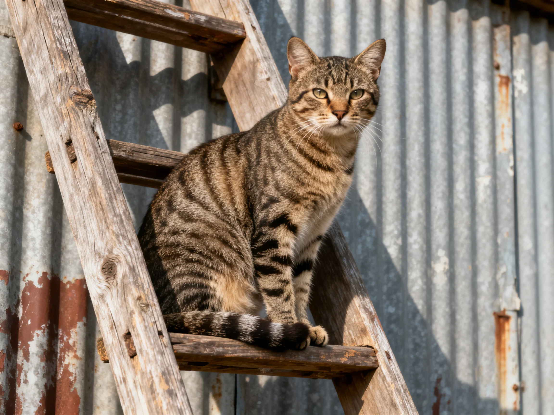 A tabby cat rests on a weathered wooden ladder next to a rusted corrugated wall.
