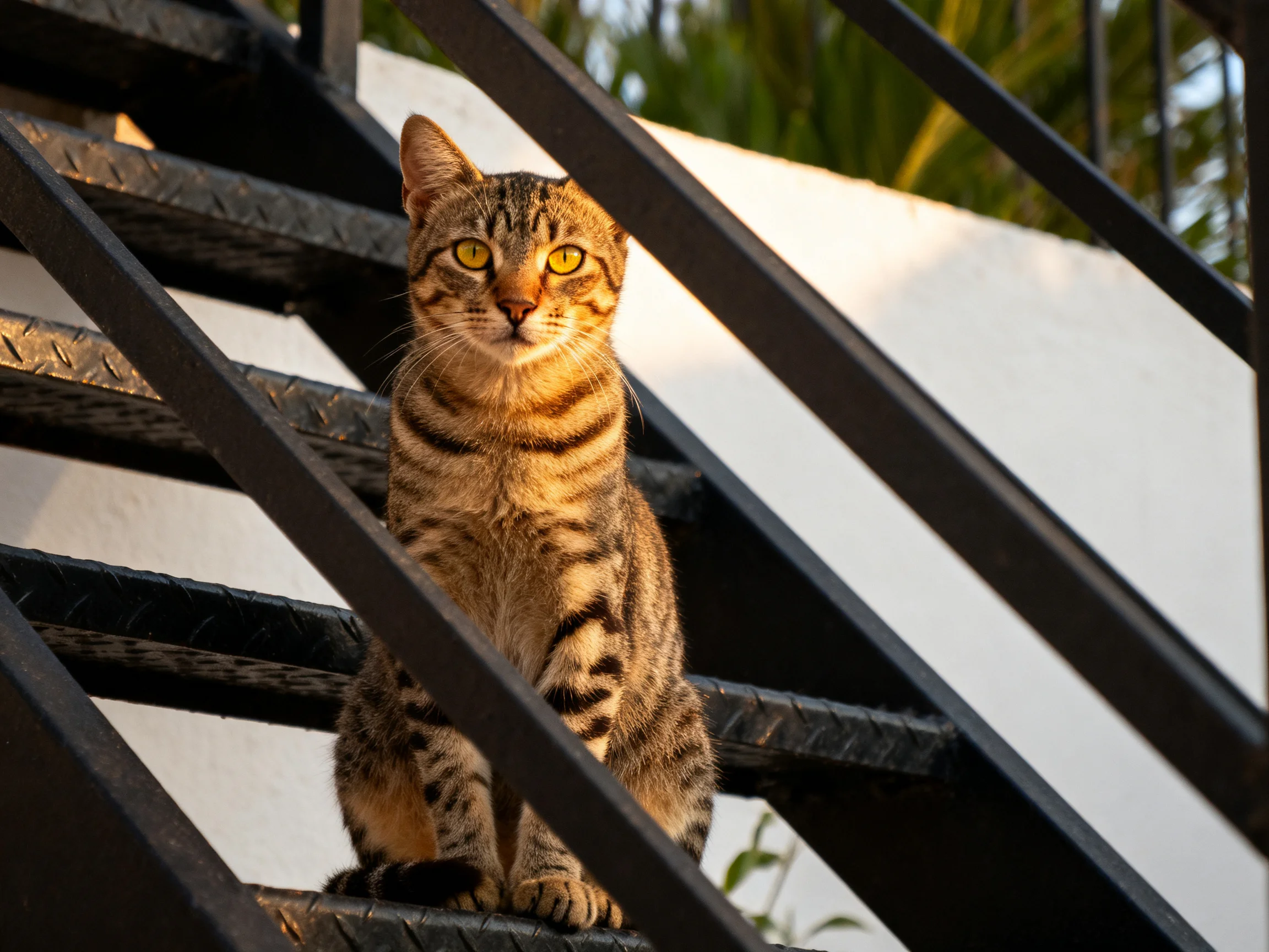A tabby cat sits on outdoor metal stairs