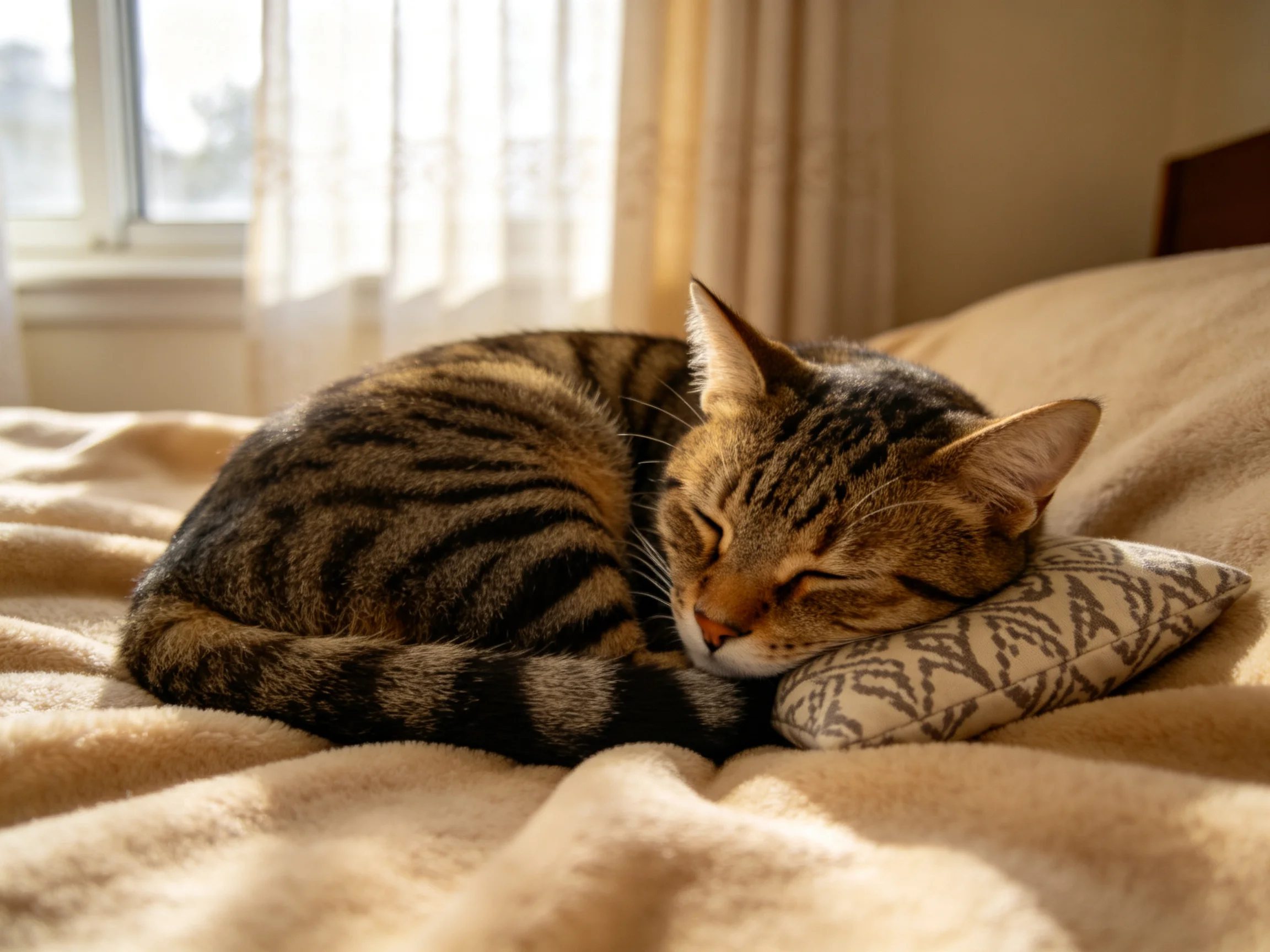 A striped tabby cat sleeps curled on a bed with a patterned pillow