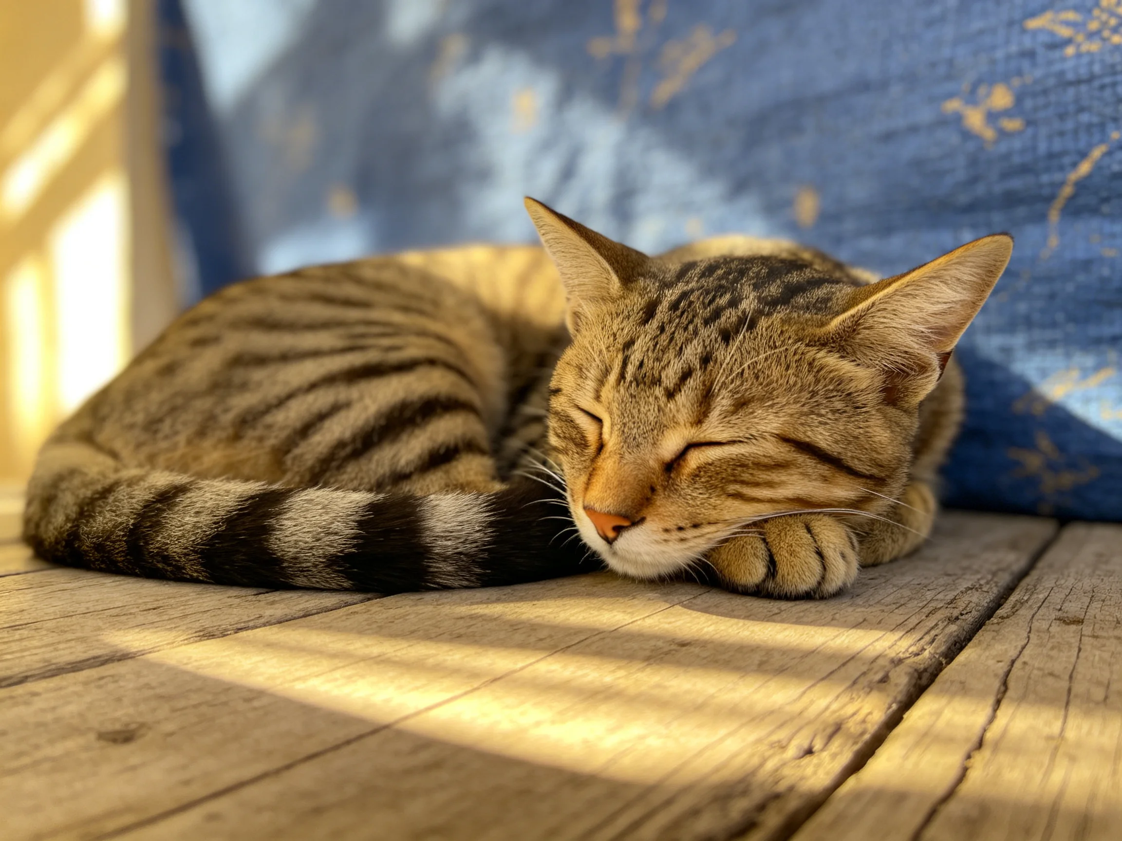 A striped tabby cat sleeps on a wooden surface near a blue cushion