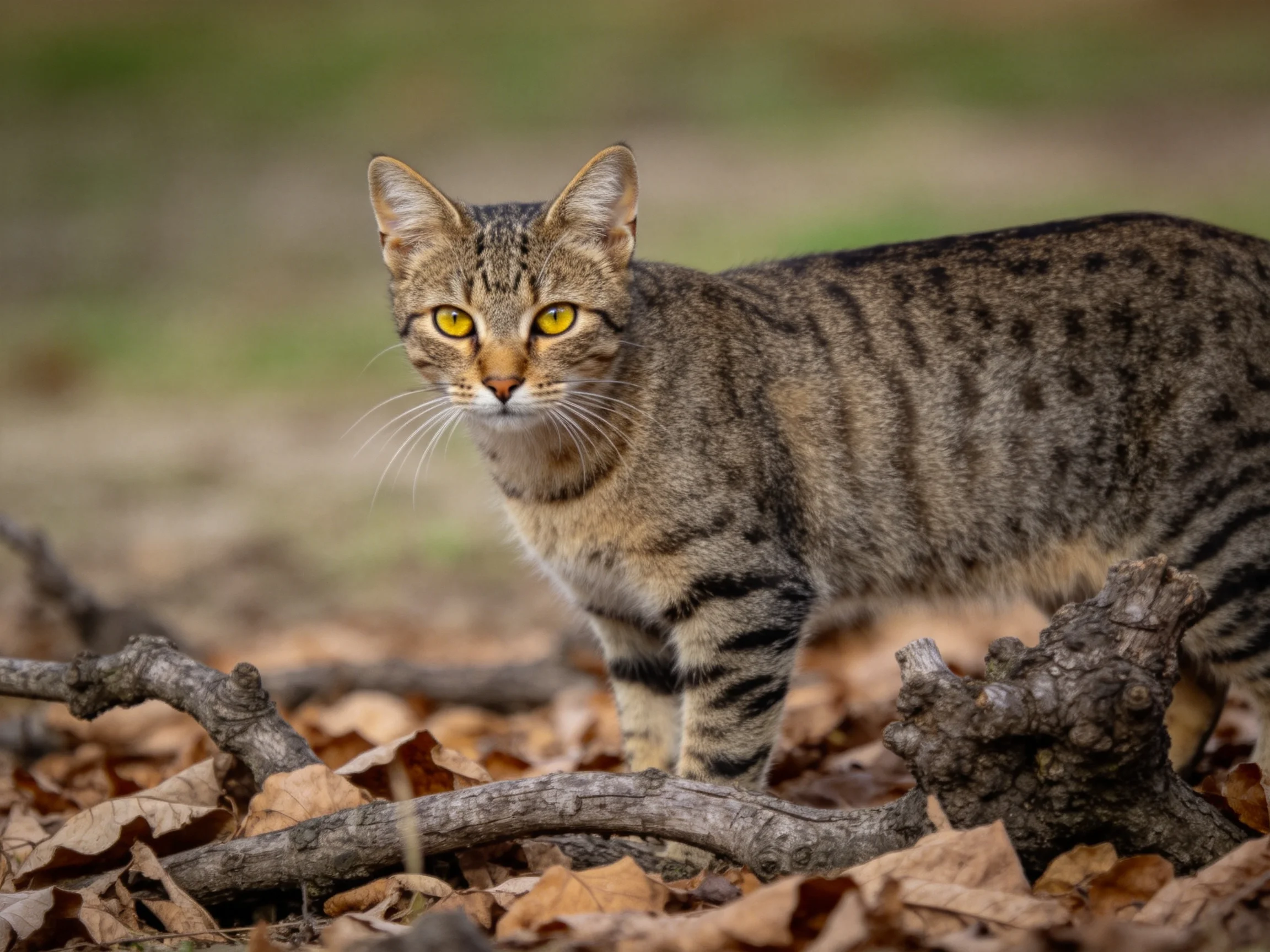 A tabby cat stands among dry leaves and twisted branches in an outdoor setting.