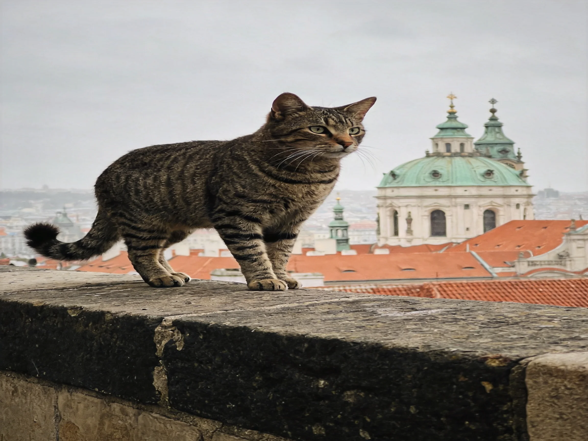 A tabby cat stands on a stone ledge overlooking historic buildings with green domes