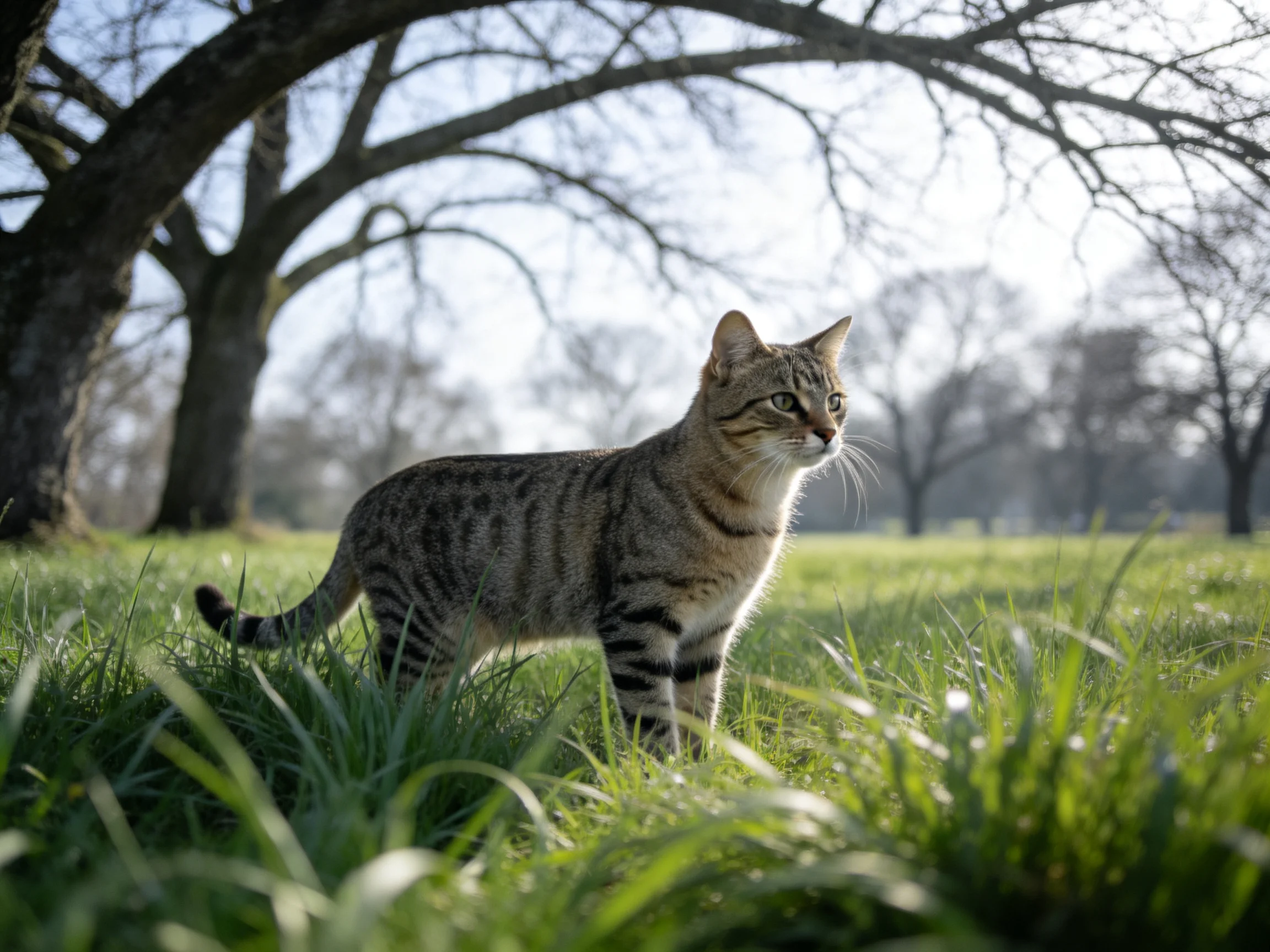 A tabby cat stands alert in a sunlit grassy area with trees.