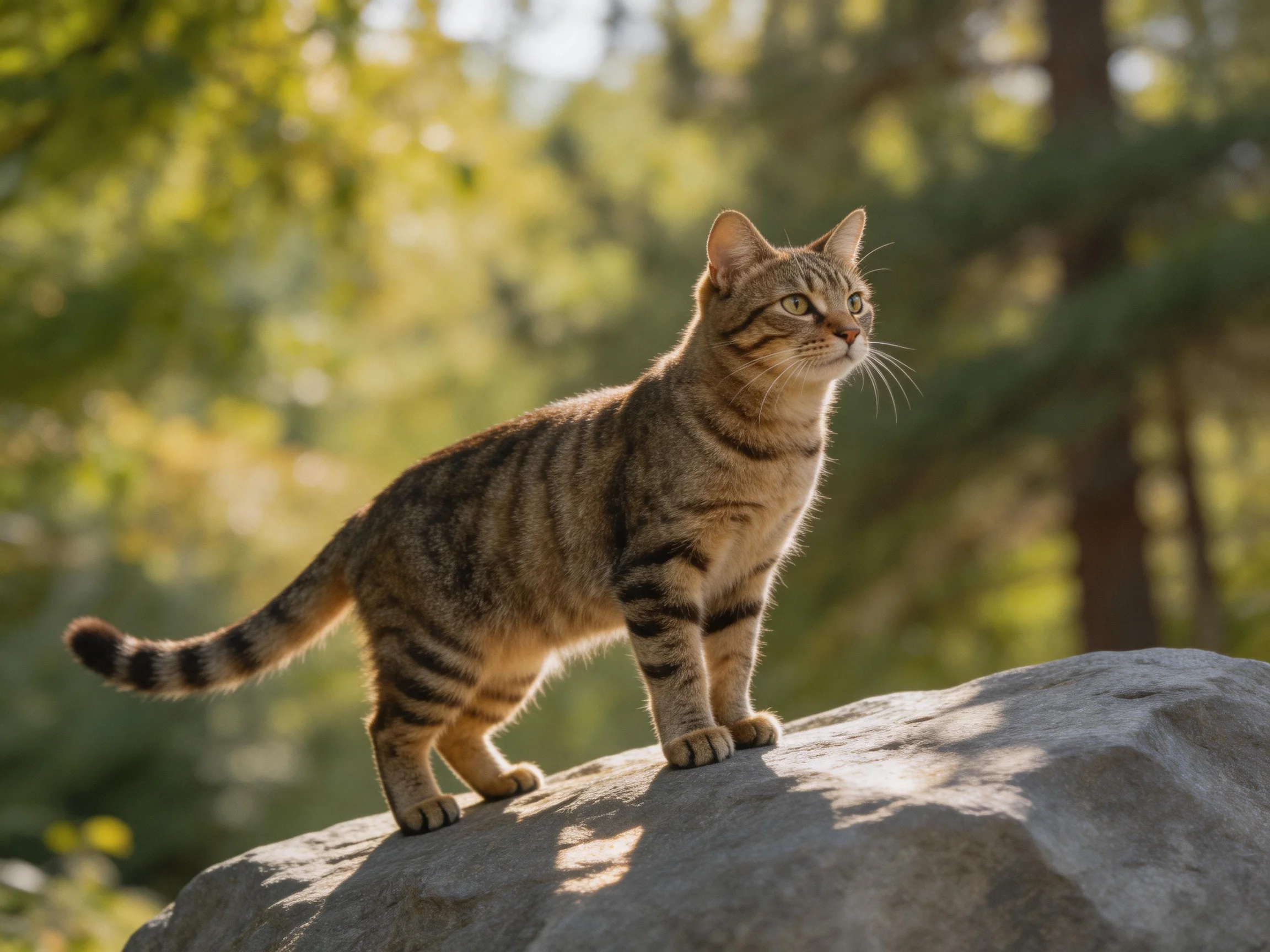 A striped tabby cat stands on a large rock in a sunlit forest setting.