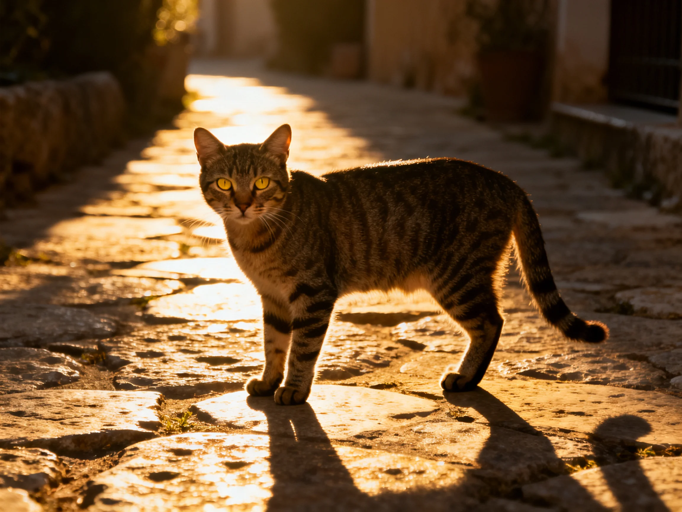 A tabby cat stands on a sunlit cobblestone street.