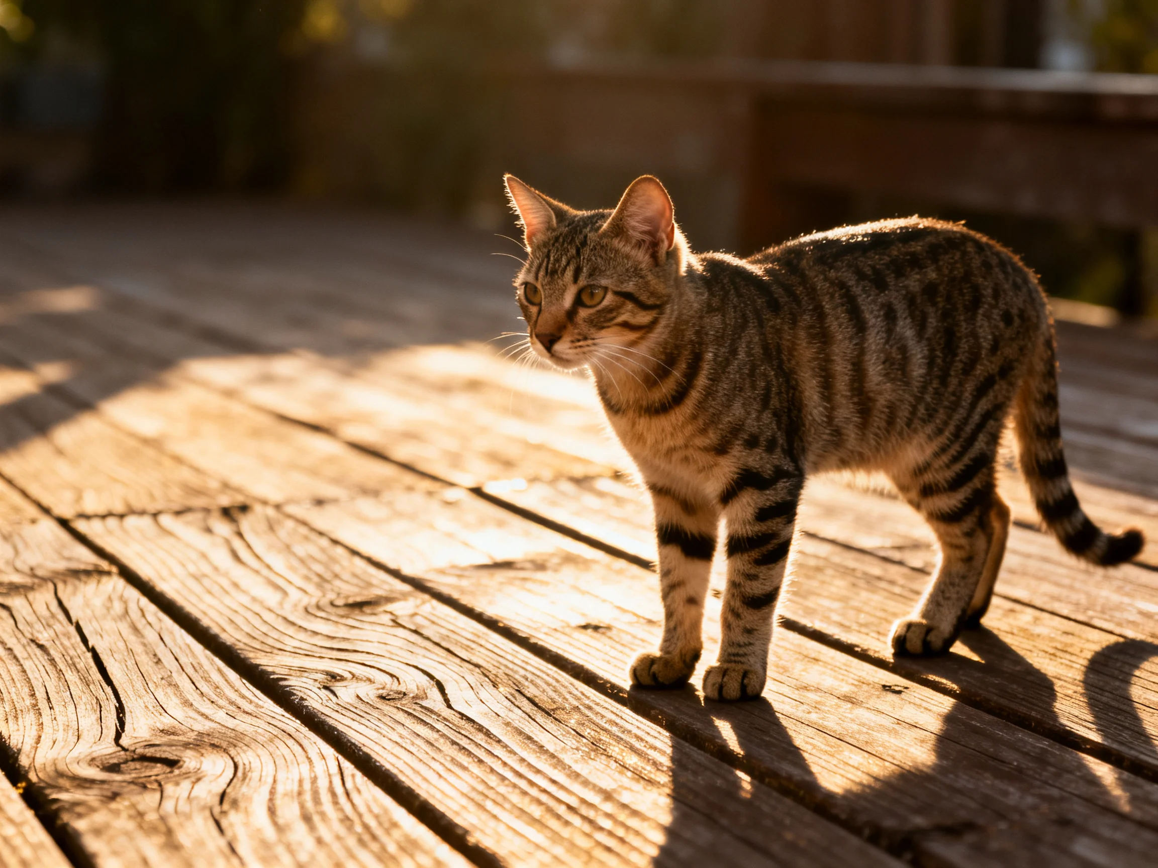 A striped tabby cat stands on a sunlit wooden deck outdoors.