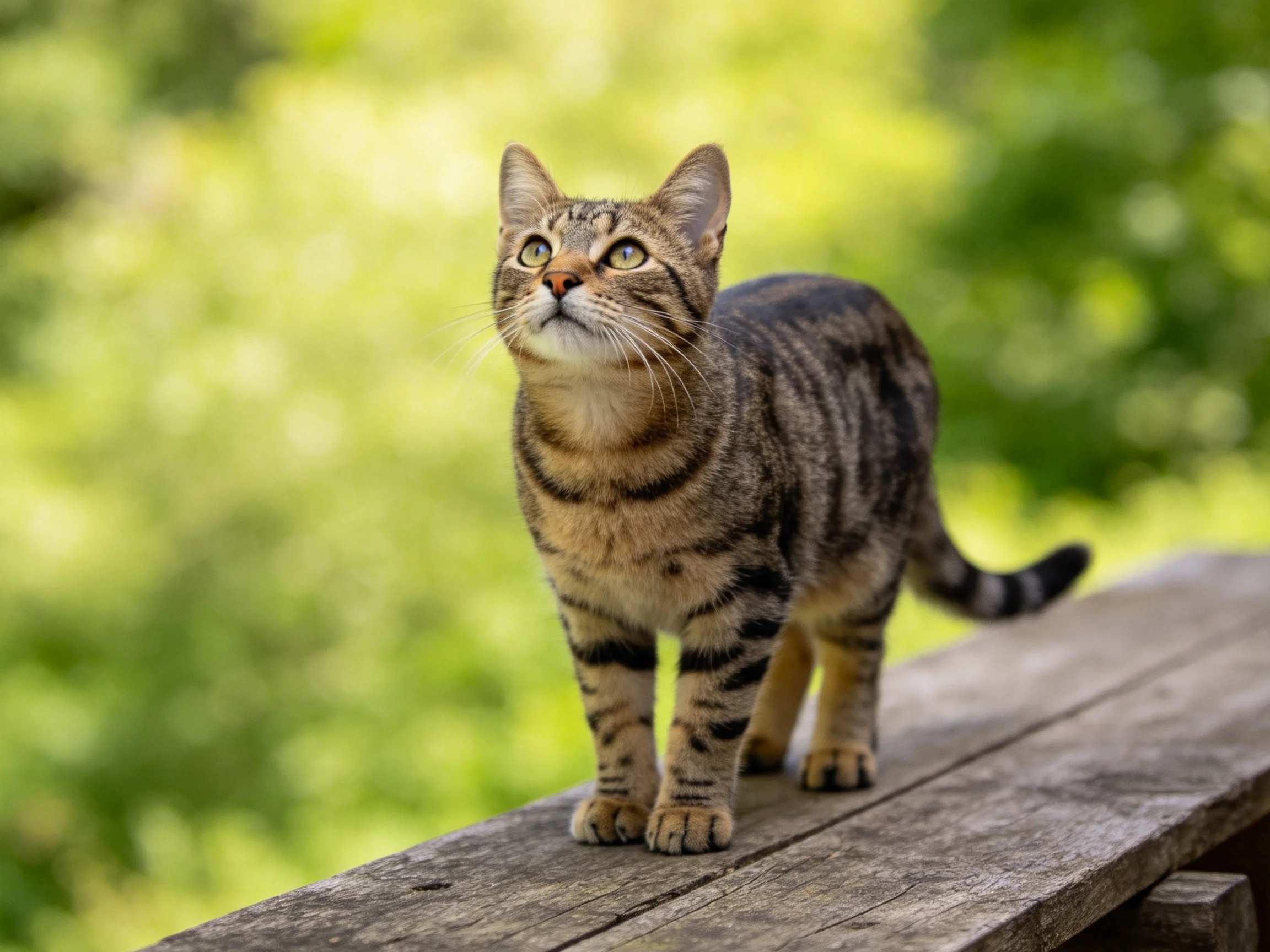 A striped tabby cat stands on a weathered wooden plank amid lush greenery
