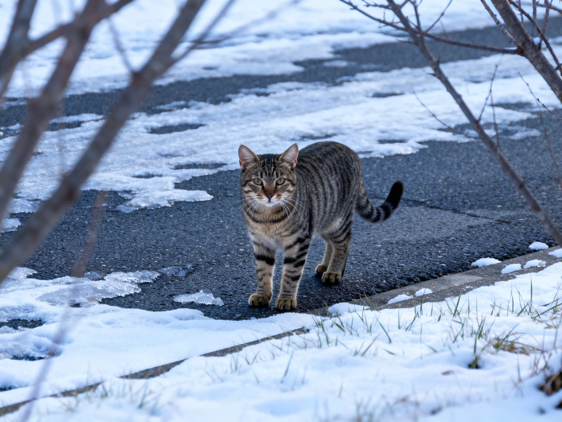 A striped tabby cat stands on partially snow-covered pavement