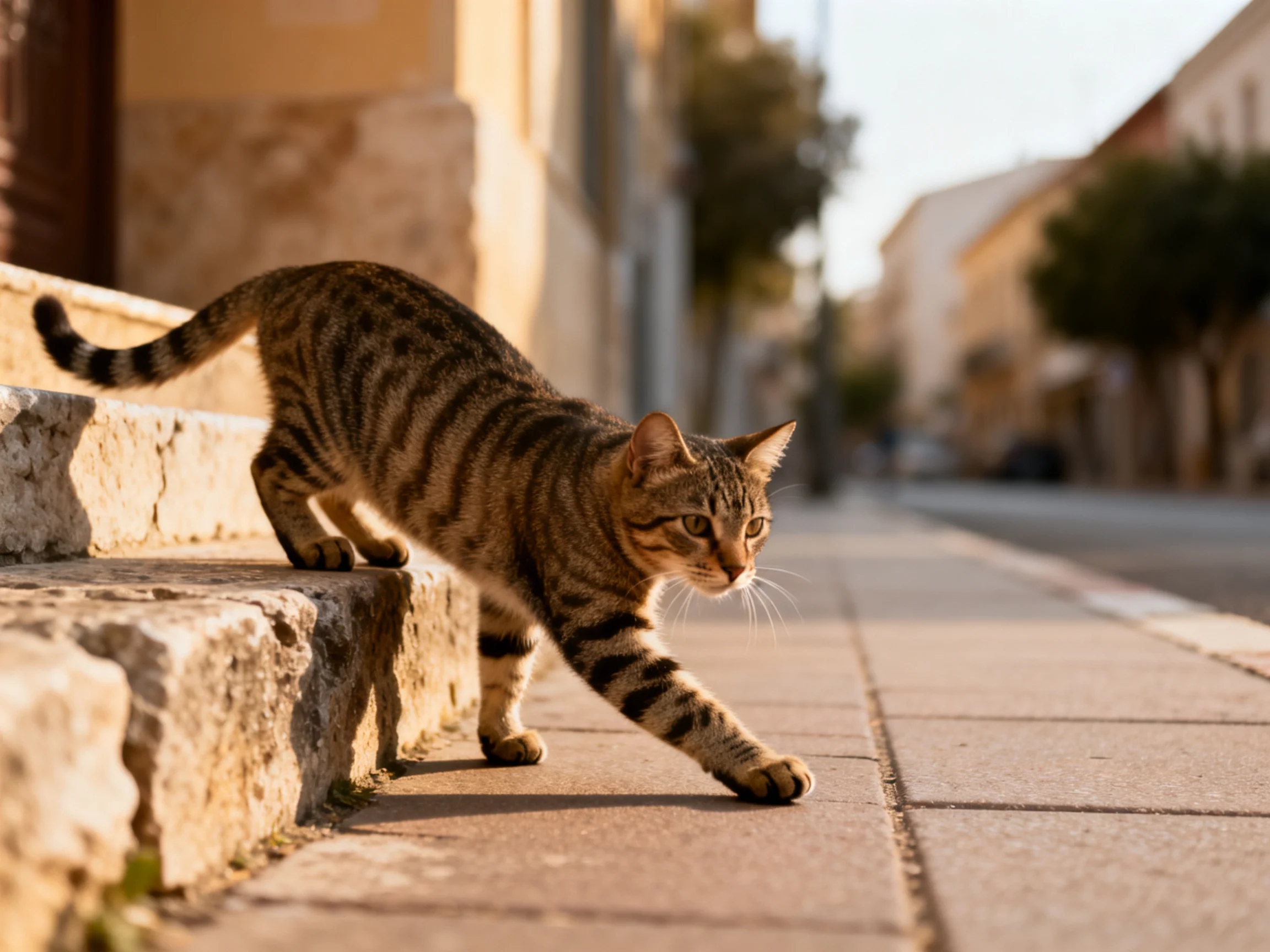 A striped tabby cat stretches near stone steps on a sunlit street