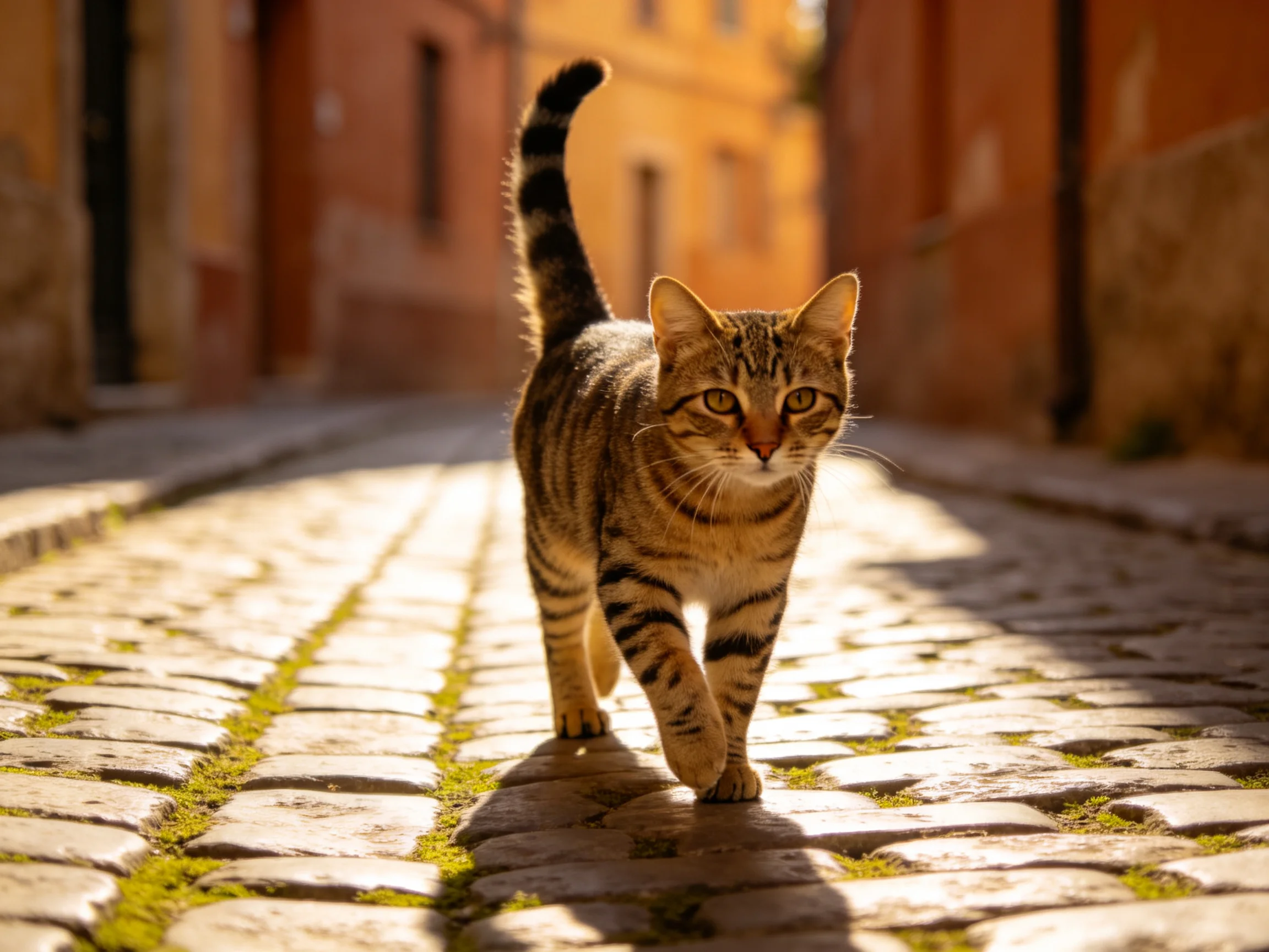 A striped tabby cat walking along a sunlit cobblestone path between historic buildings.