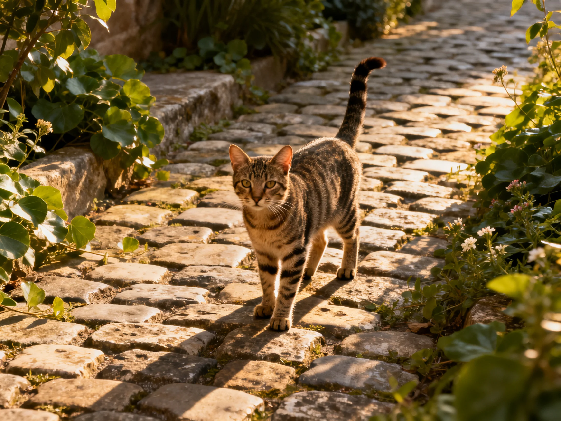 A tabby cat walks on a sunlit cobblestone path near lush greenery.