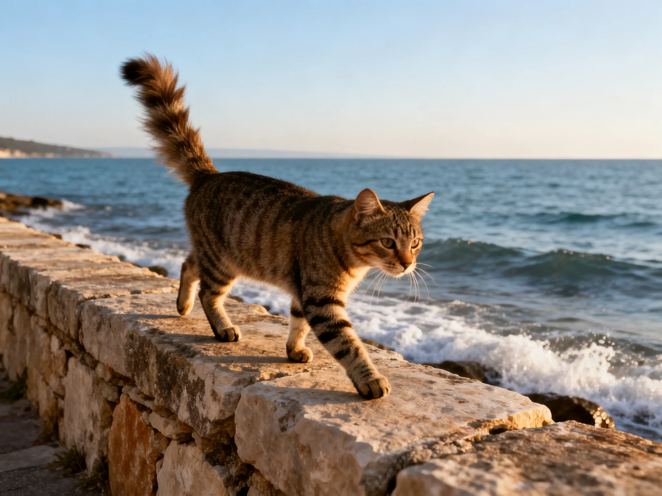 A tabby cat walks along a stone seawall near the crashing ocean waves.