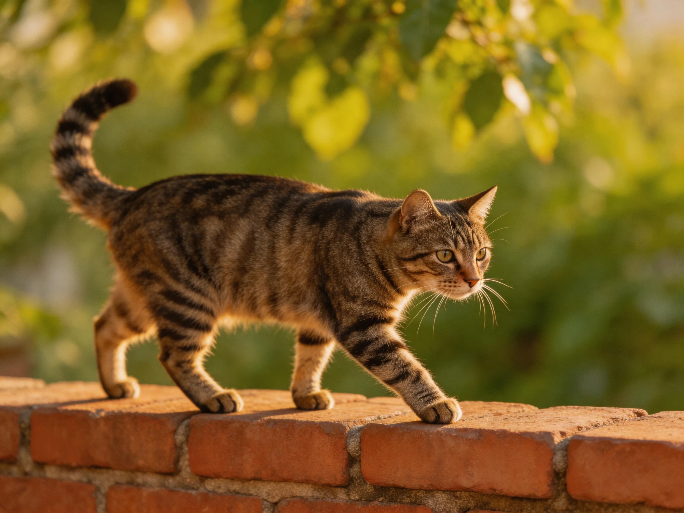 A tabby cat walks on a red brick wall near greenery