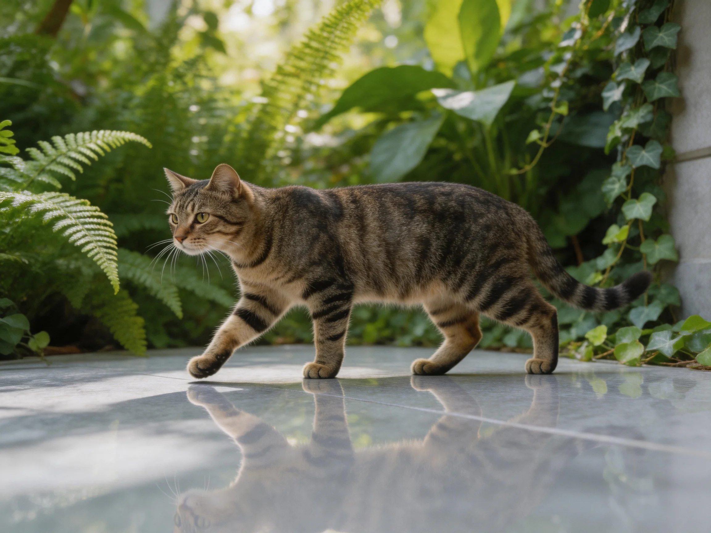 A striped tabby cat walks on a reflective surface amid lush greenery