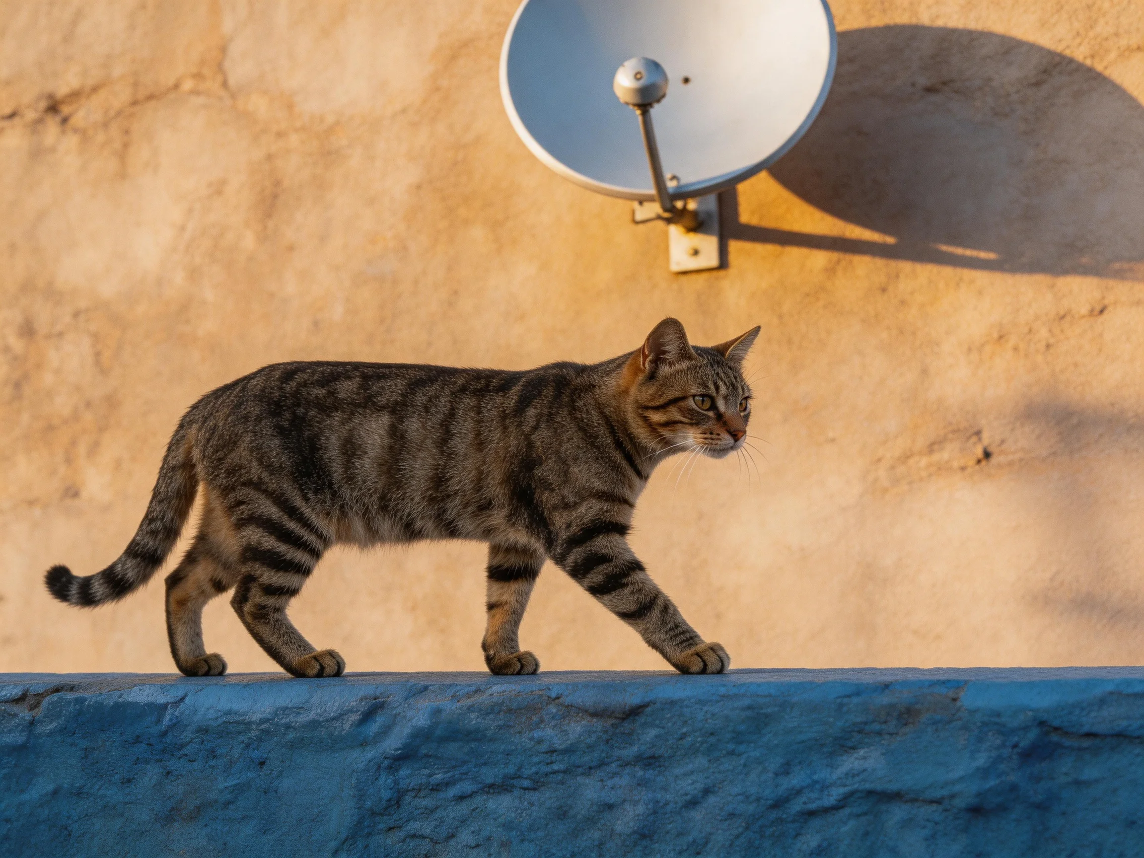 A tabby cat walks near a satellite dish on a textured wall