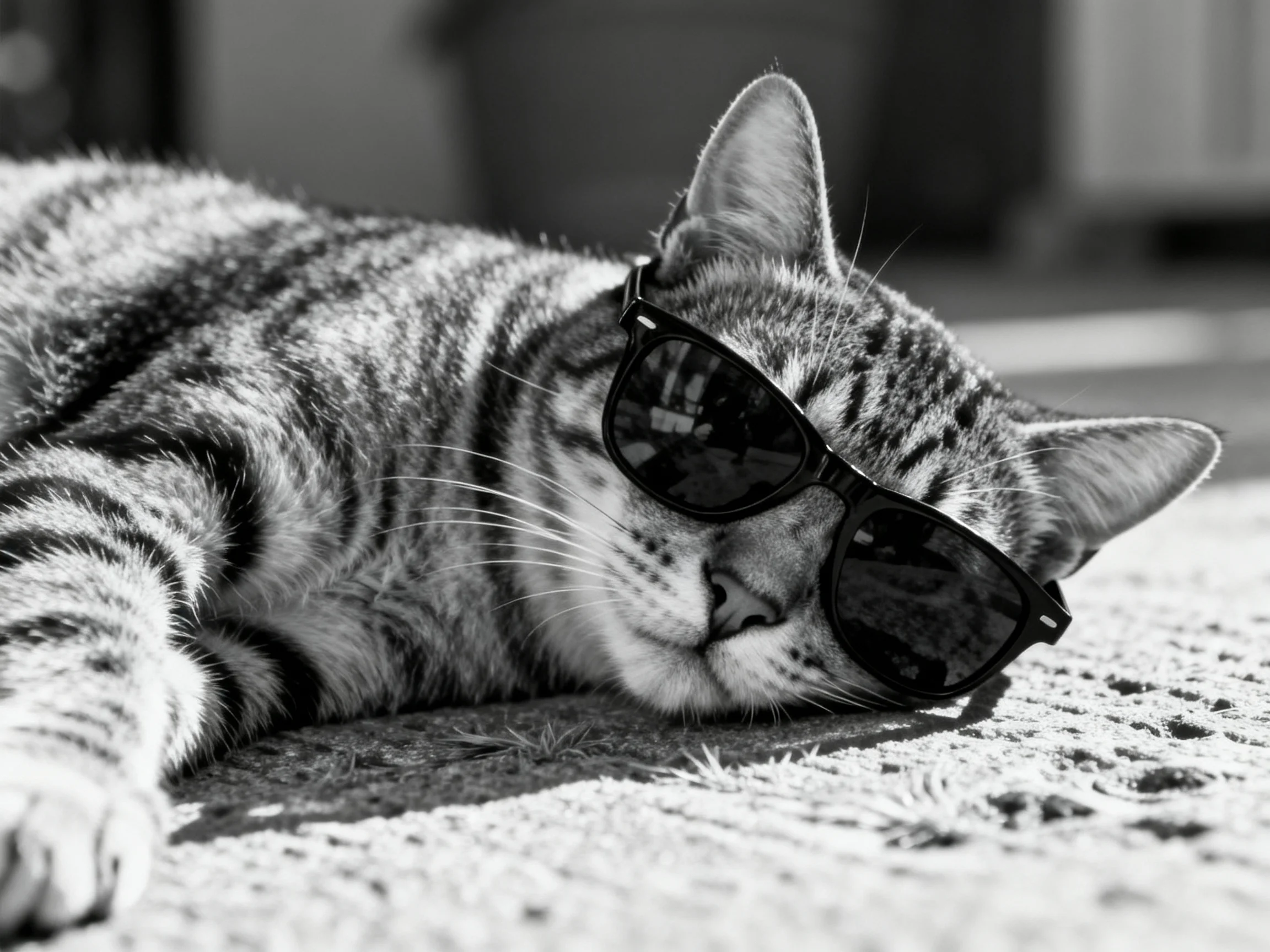A striped tabby cat wearing sunglasses lies on a textured surface