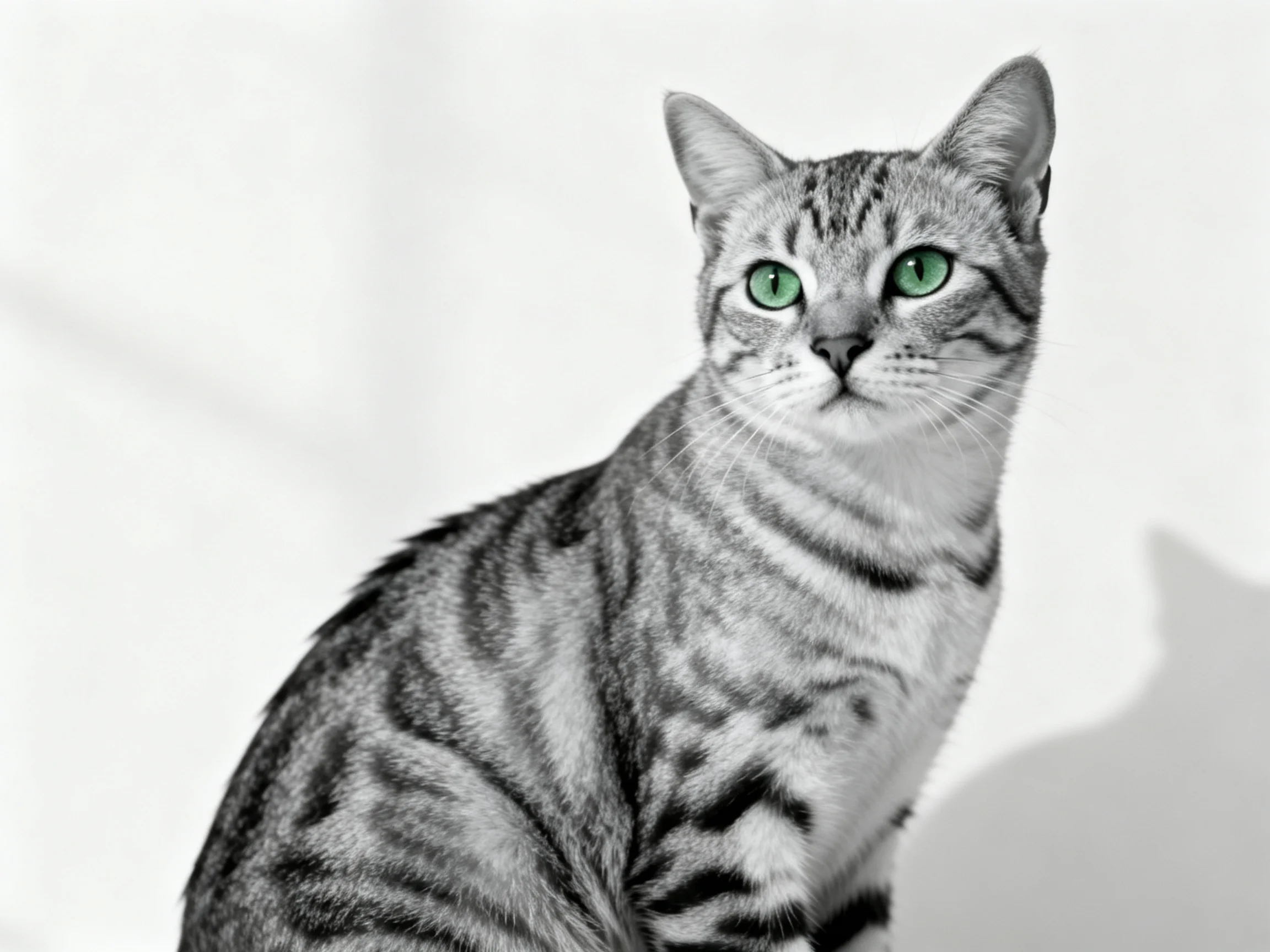 A tabby cat with bright green eyes sits against a plain backdrop.
