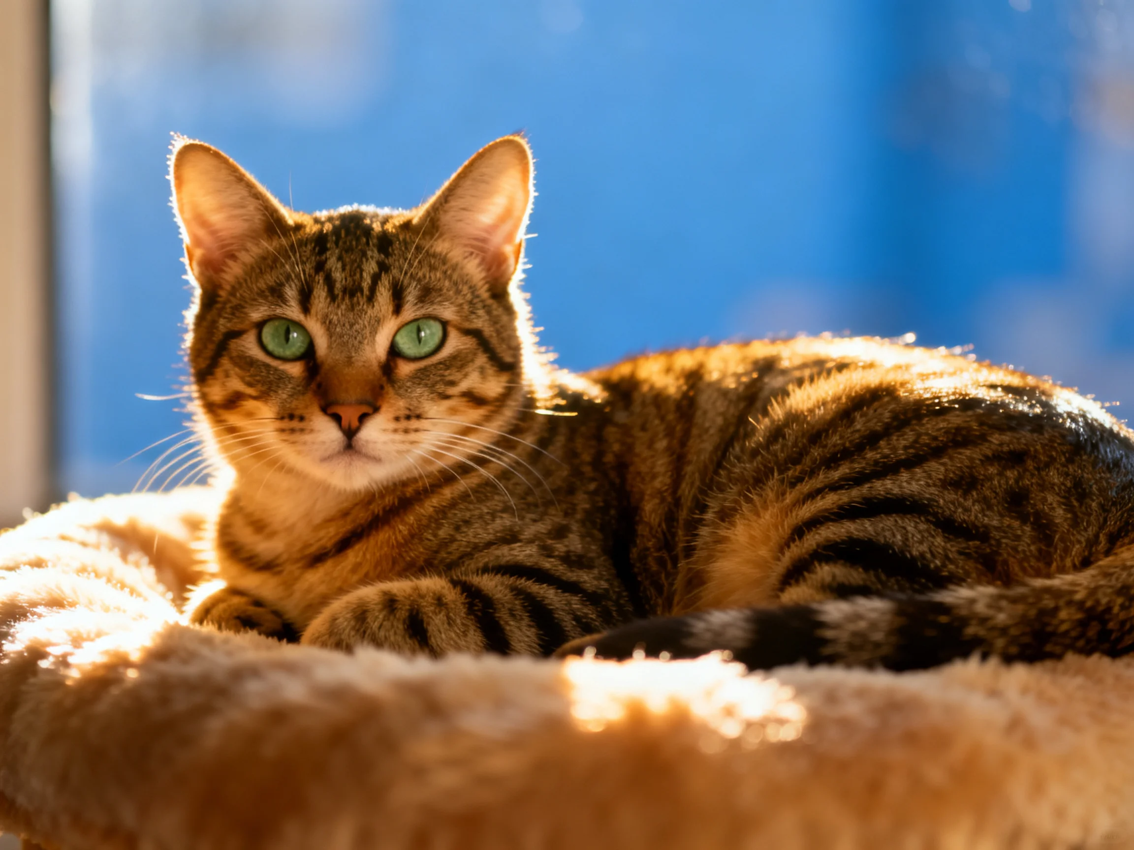 A tabby cat with green eyes rests comfortably on a soft cushion bathed in sunlight.