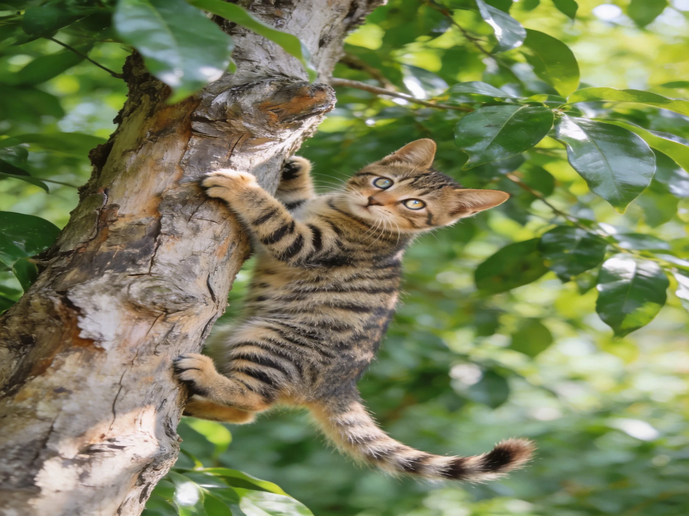 A striped tabby kitten climbing a tree trunk amid lush green foliage