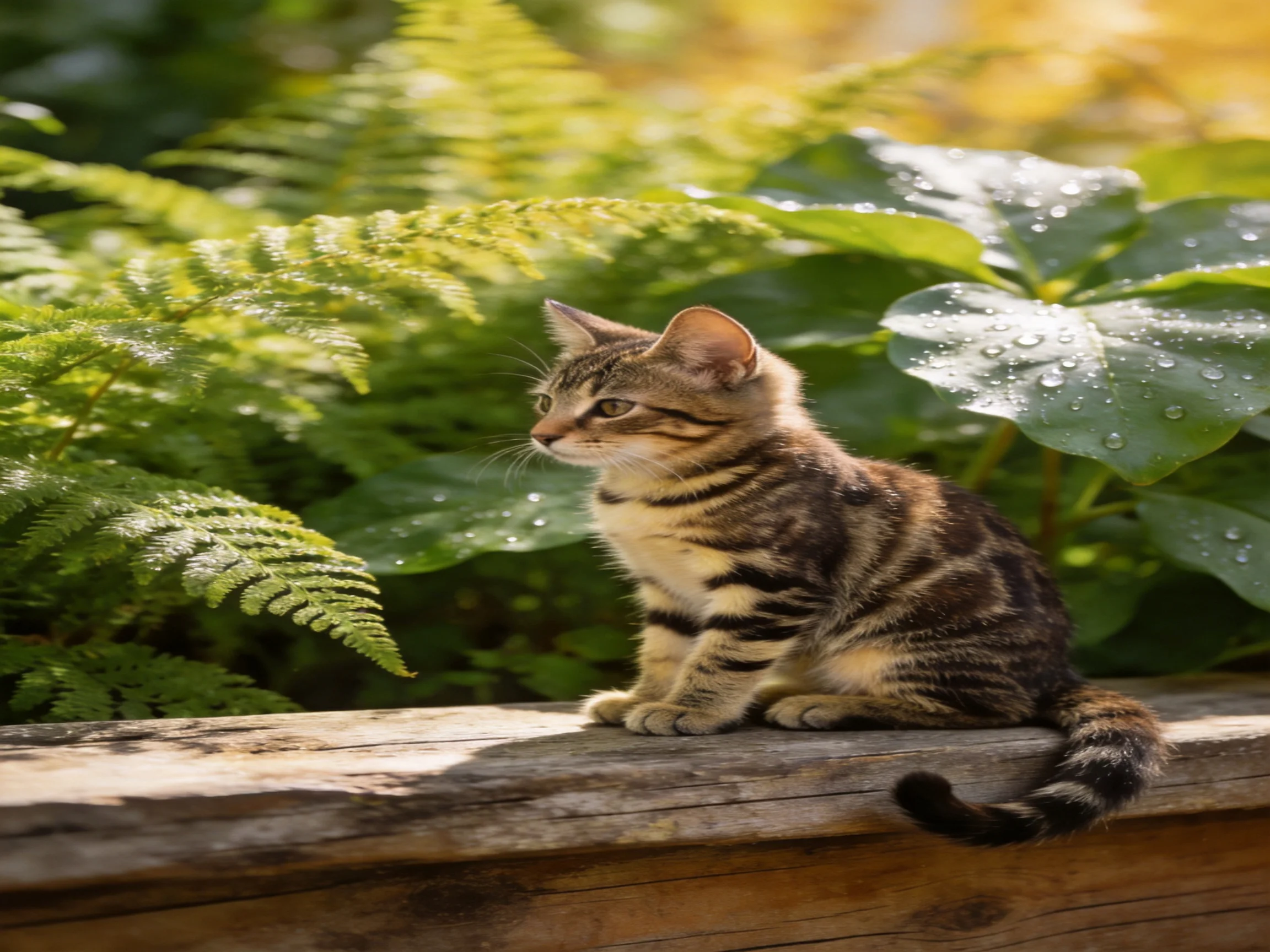A striped tabby kitten sits on a weathered wooden ledge amid lush green foliage