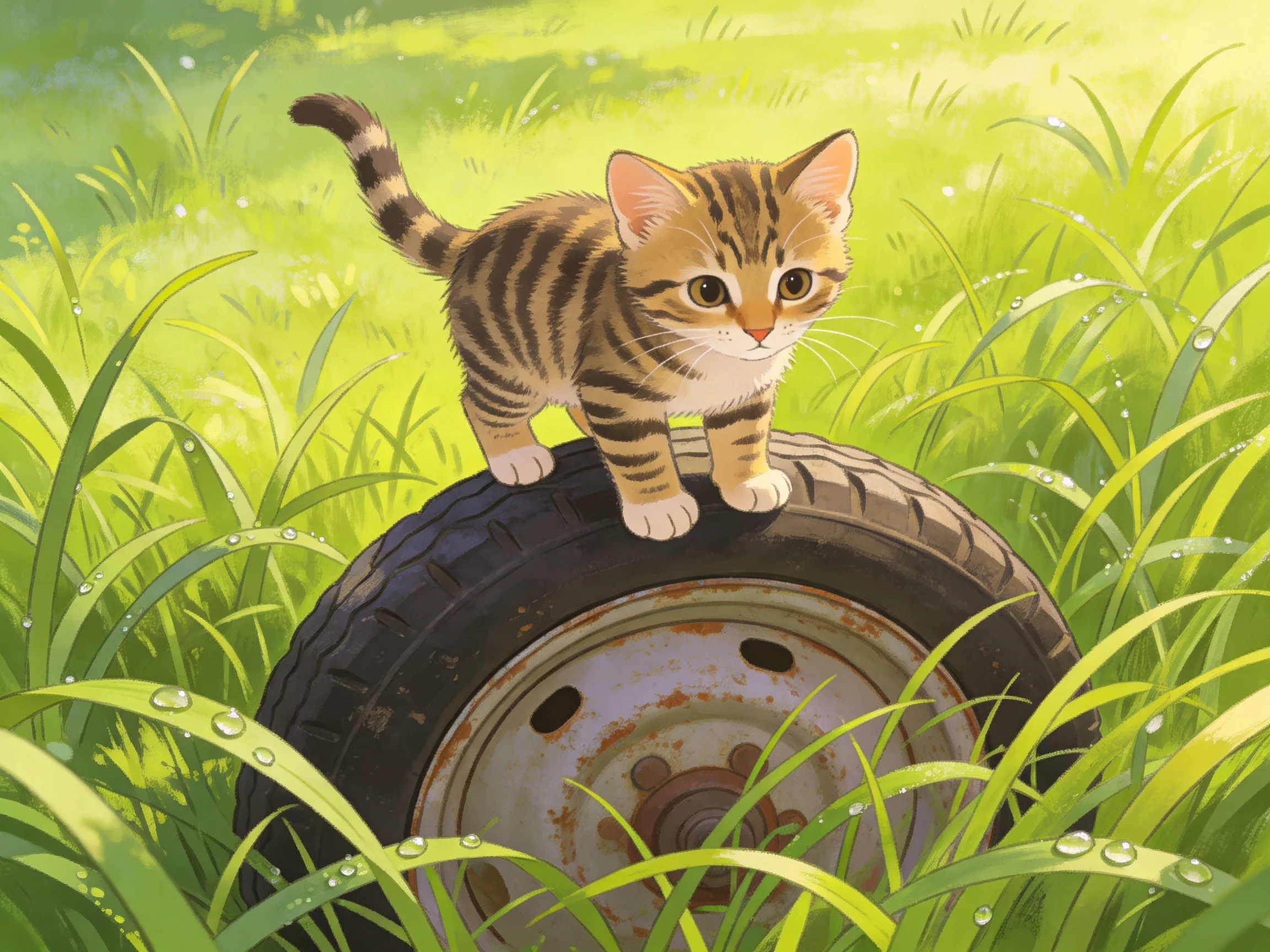 A small tabby kitten stands on an aged tire in a sunlit grassy area.