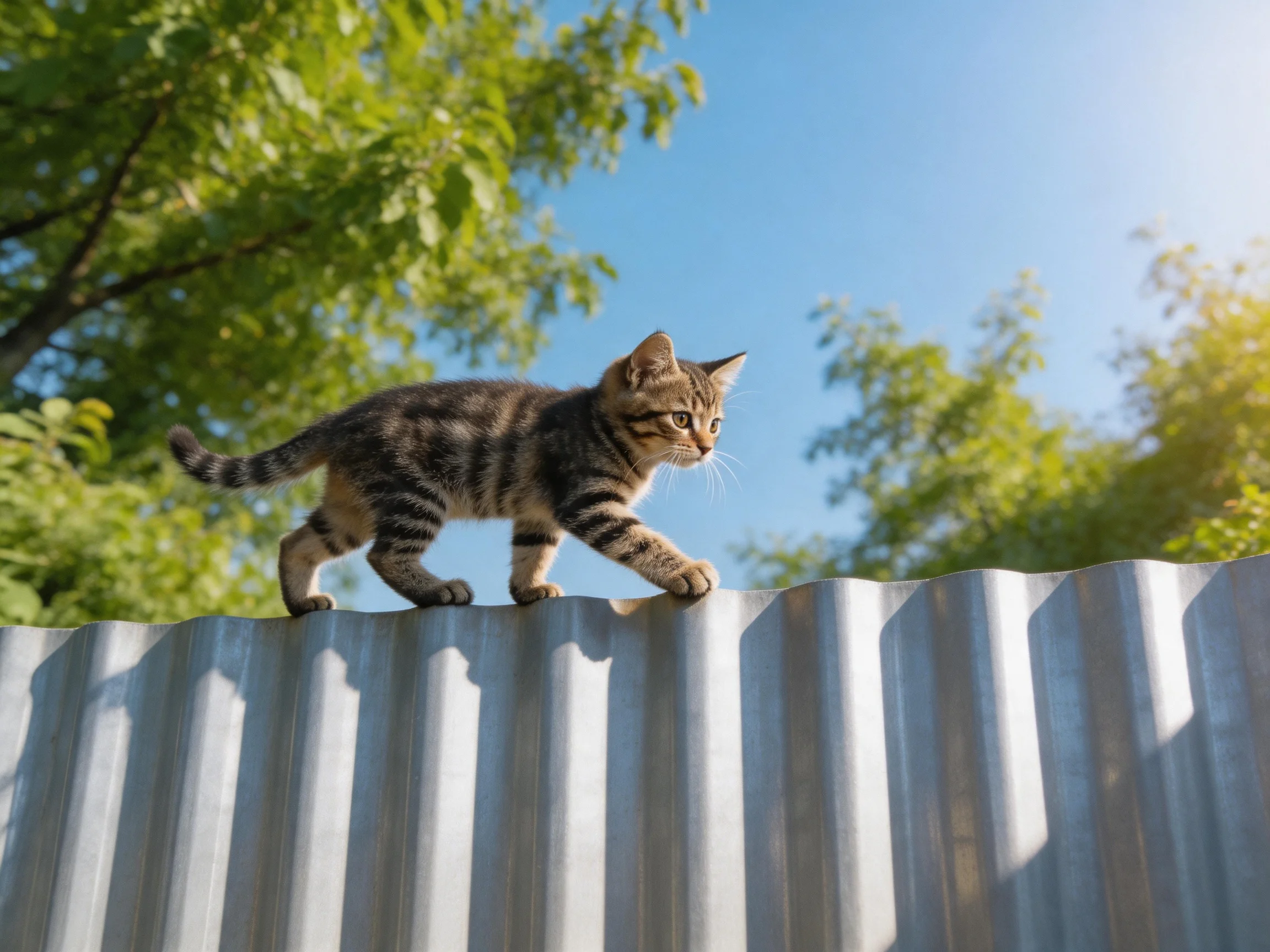 A striped tabby kitten walking on a corrugated metal surface outdoors