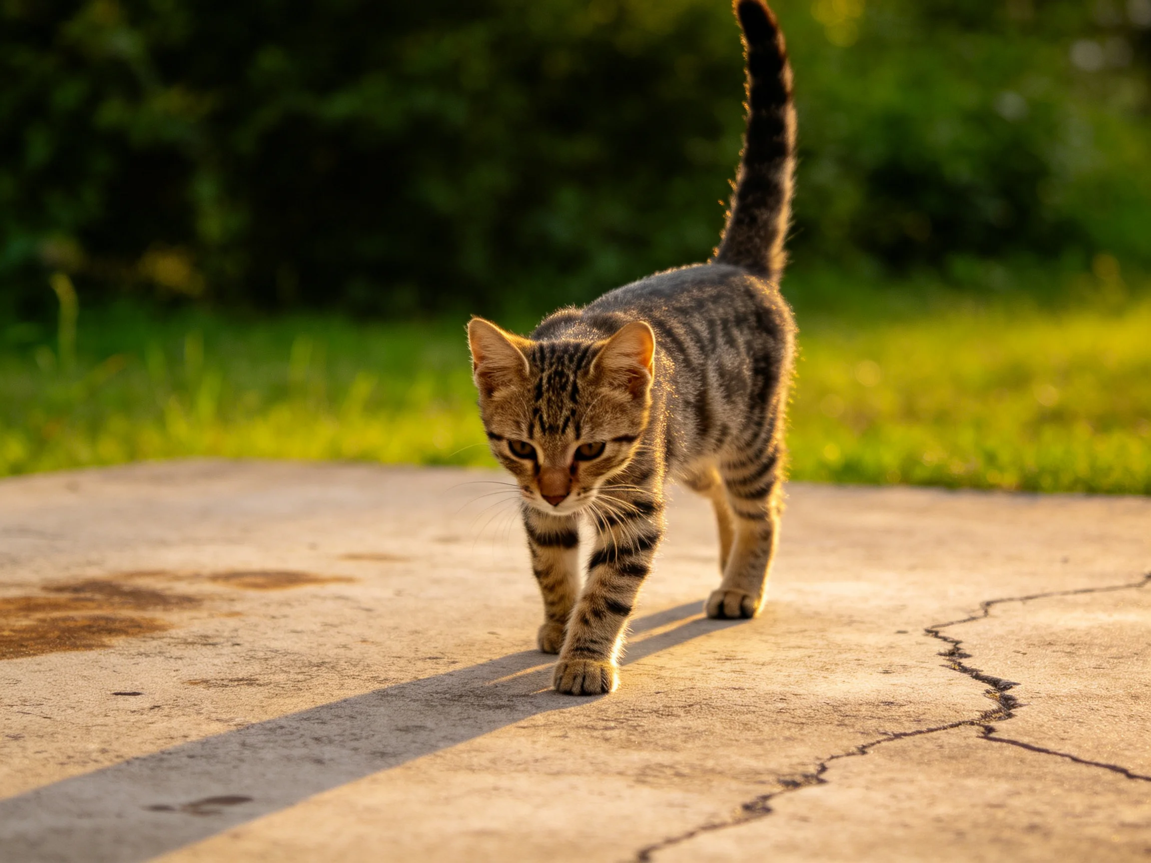 A striped tabby kitten walks along a cracked concrete path in a sunlit outdoor setting.