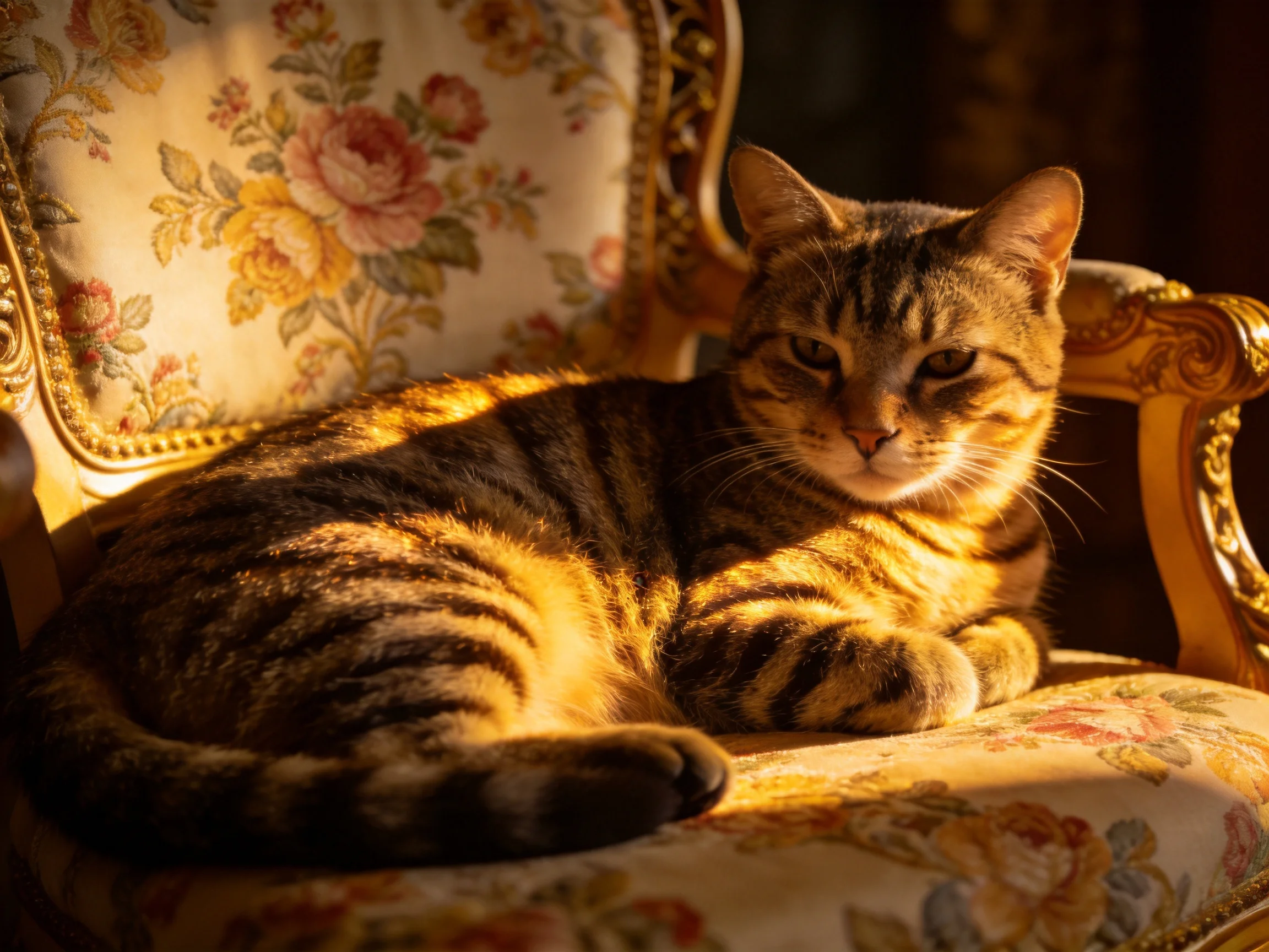 A striped tabby lounges on an ornate floral chair bathed in golden light