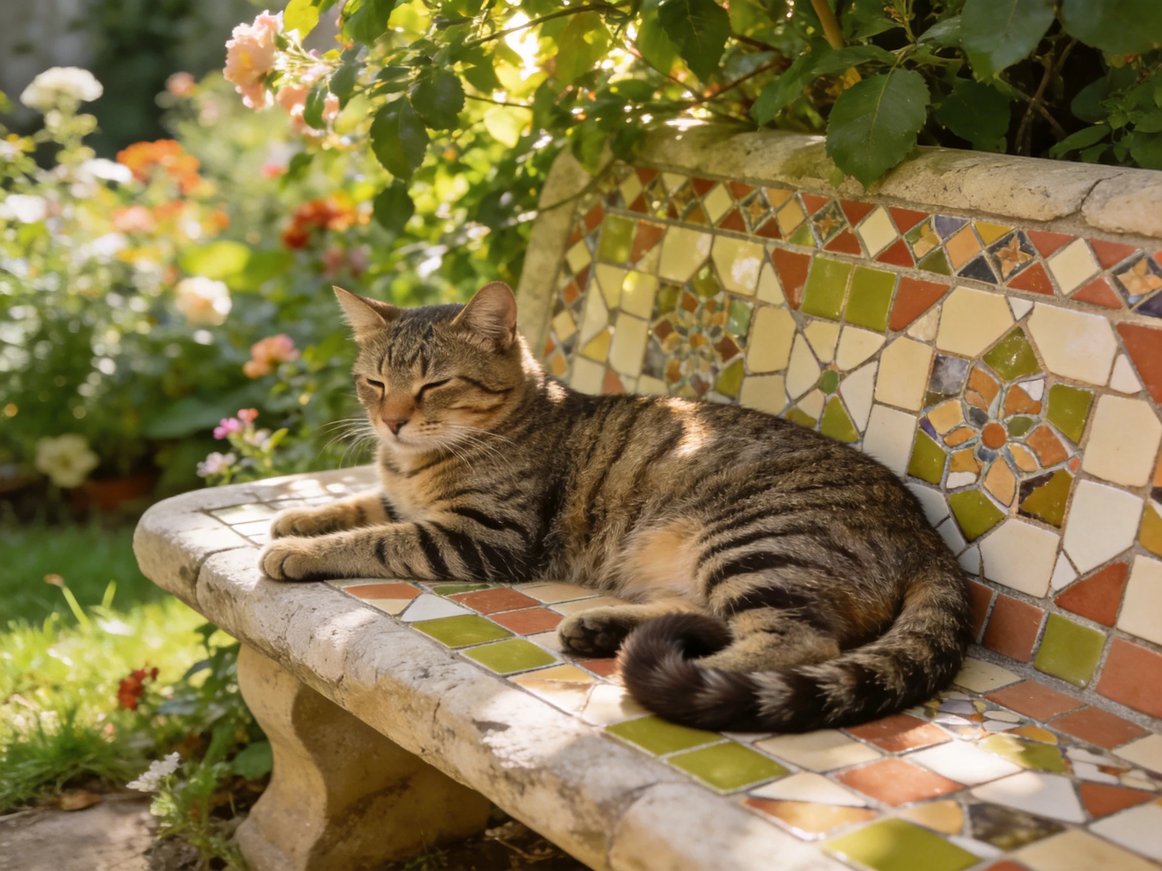 A tabby cat relaxes on a mosaic bench in a sunlit garden with flowers