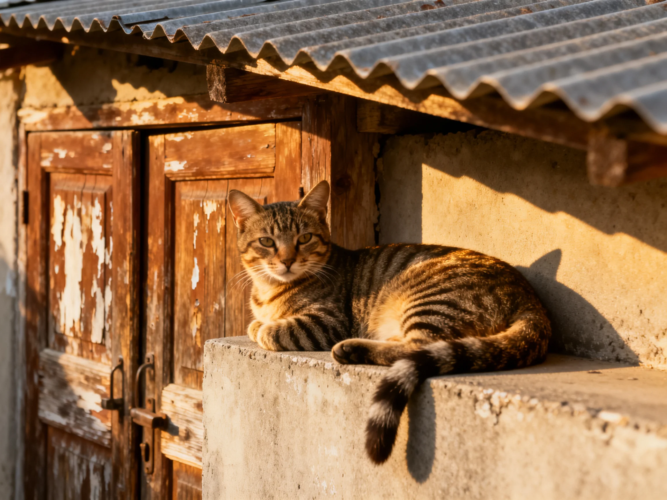 A striped tabby relaxes on a weathered concrete ledge near aged wooden doors