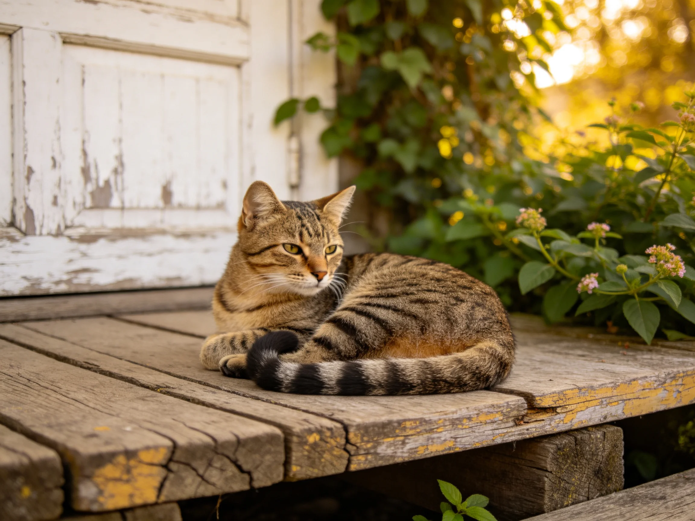 A tabby cat relaxes on a weathered wooden surface near an old white door.