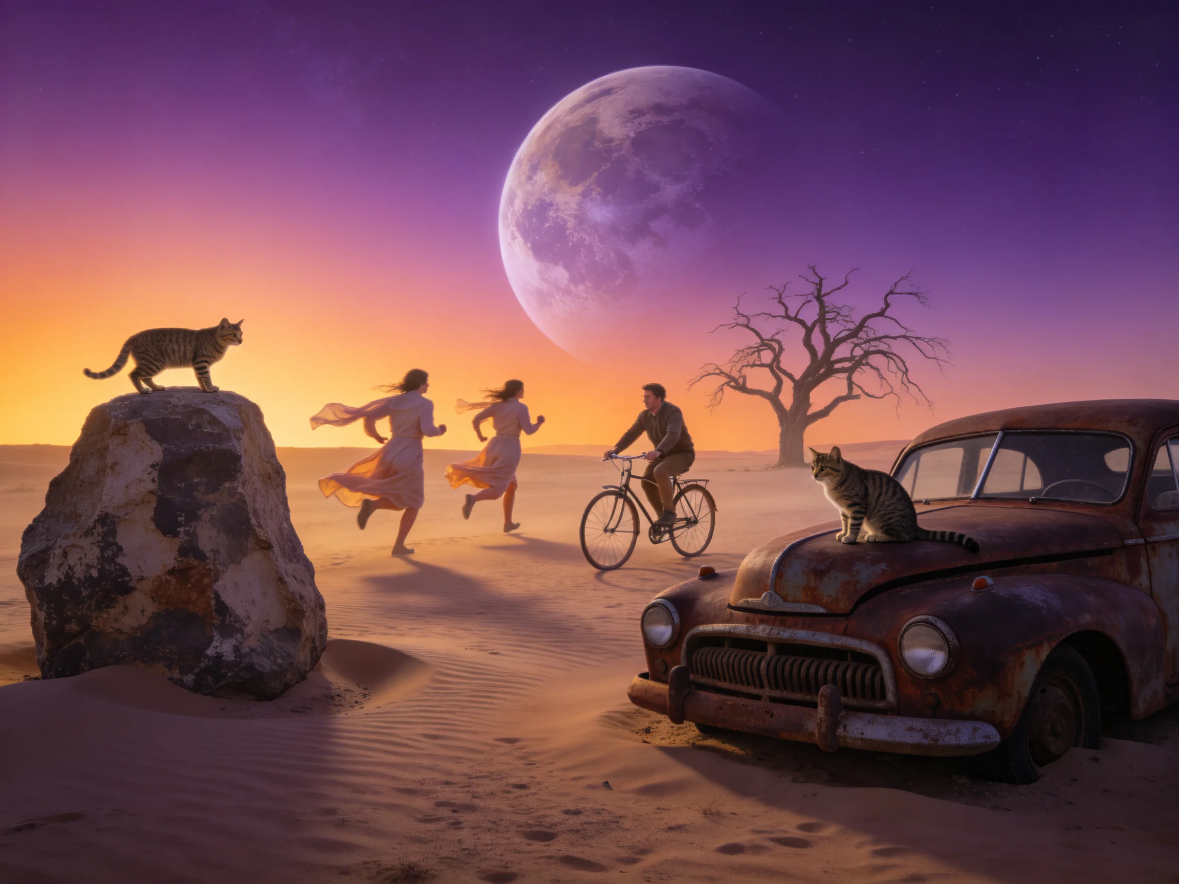 A surreal desert scene with a large moon, two women, a cyclist, and old cars with cats